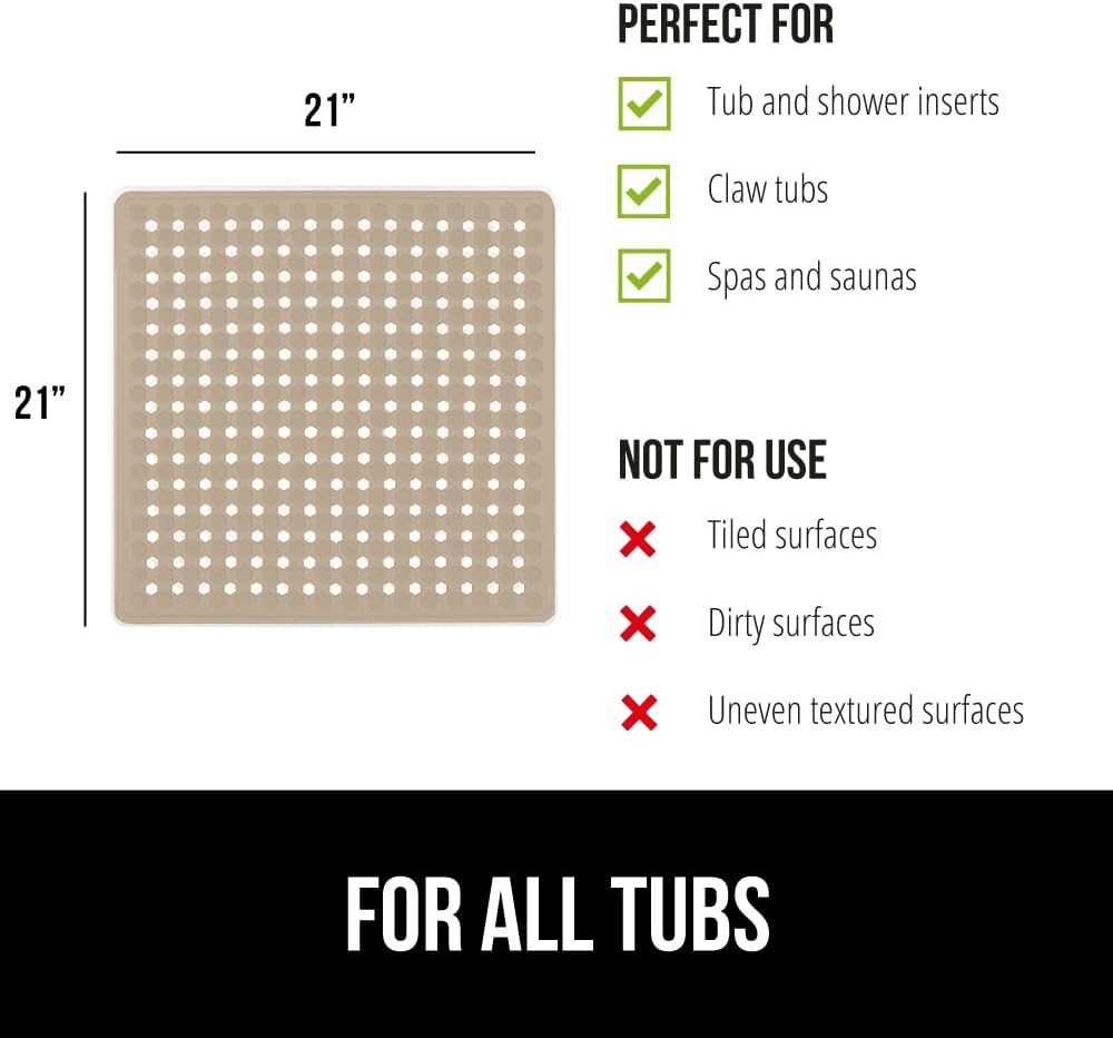 GORILLA GRIP Patented Square Shower Stall Mat, Small Bathtub Floor Mats for Stand Up Showers, Suction Cups and Drainage Holes, Machine Wash, Soft on Feet, Bathroom Accessories 21x21 Inch, Beige Opaque