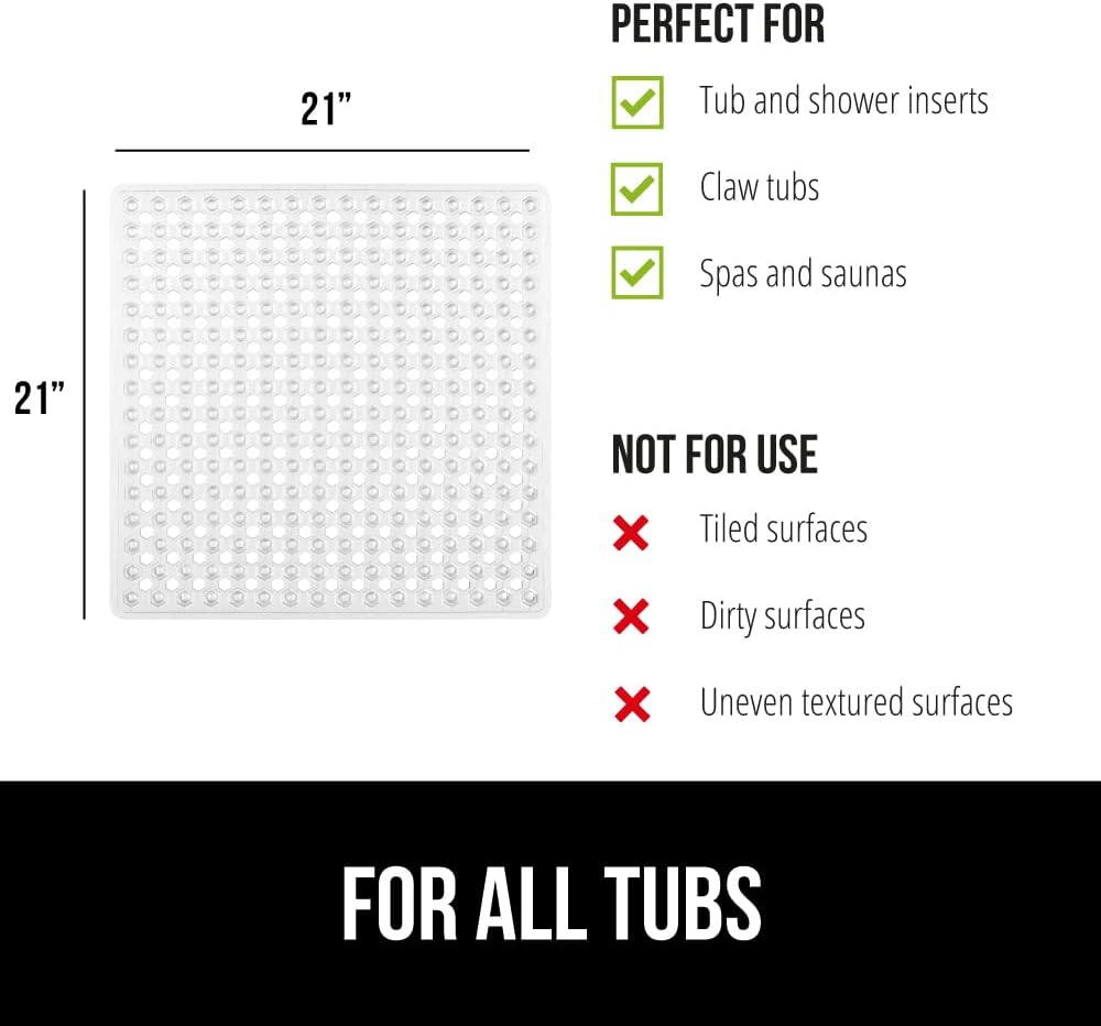 GORILLA GRIP Patented Square Shower Stall Mat, Small Bathtub Floor Mats for Stand Up Showers, Suction Cups and Drainage Holes, Machine Wash, Soft on Feet, Bathroom Accessories 21x21 Inch, 2 Pack Clear