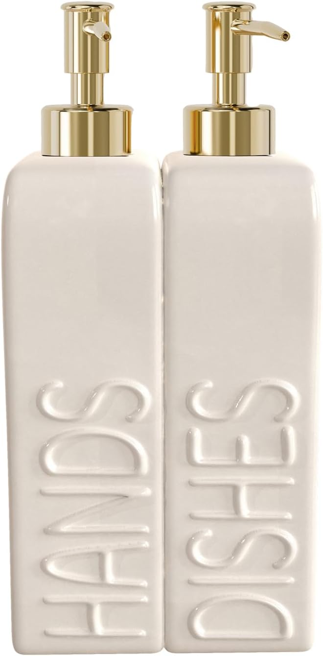 Soap Dispenser Set with Gold Stainless Steel Pump and a Funnel, 2 Pack Modern Ceramic Refillable Hand and Dish Soap Dispenser for Kitchen, Bathroom, Matte White