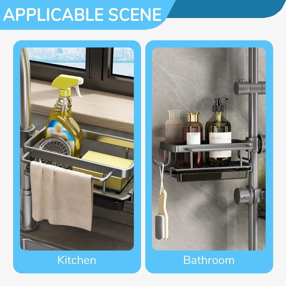 Sink Organizer Rack for Kitchen and Bathroom, 2024 New Kitchen Sink Faucet Organizer with Drip Tray Faucet Sponge Holder (Silver, Left+Right)