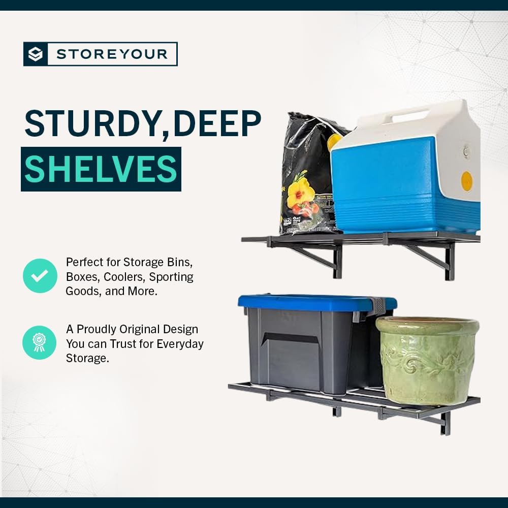 StoreYourBoard 2-Pack Heavy Duty Wall Shelves – Wall-Mounted Garage Storage Shelving and Organization for Sheds, Closets, or Utility Rooms – Holds 200 lbs, 1ft x 2ft, Black