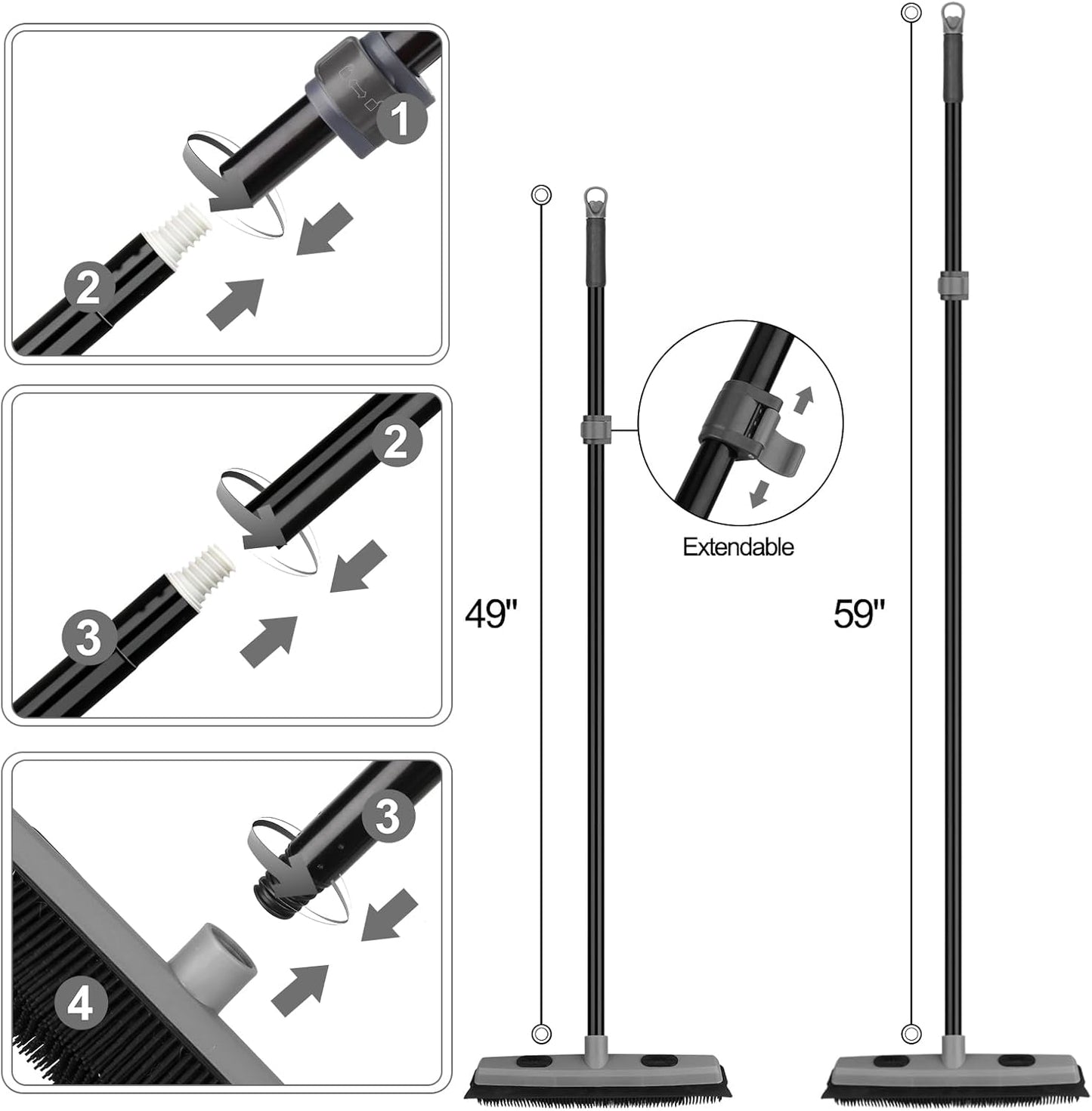 Pet Hair Removal Rubber Broom with Squeegee, Carpet Rake for Pet Hair with 59" Telescoping Long Handle, Fur Remover Rake for Carpet, Hardwood Floor, Tile