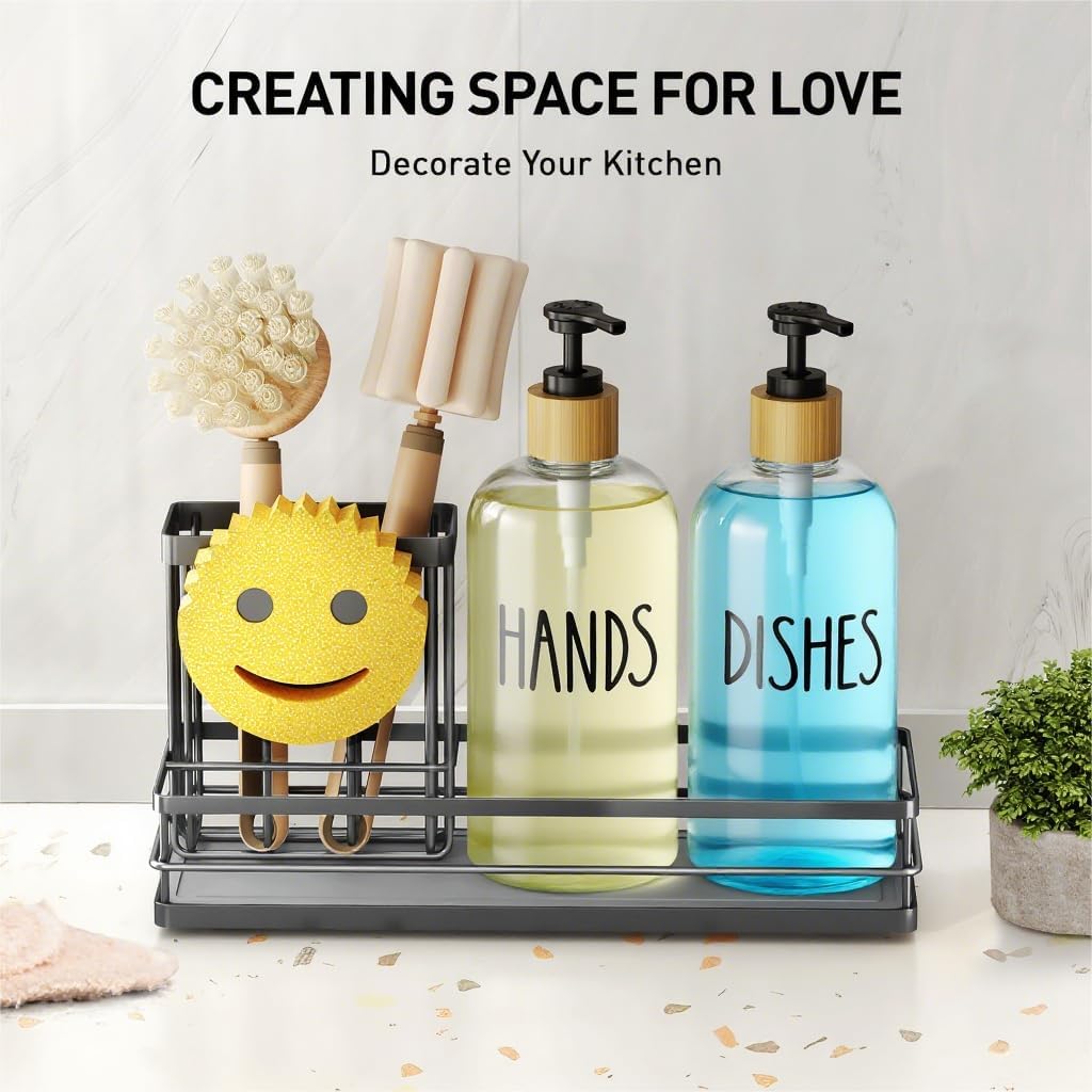 Moforoco Kitchen Dish Soap Dispenser Set, 16OZ Glass Bottle, Hand and Dish Soap Dispenser Set, Instant Dry Tray, Non-Slip Silicone Pad, Brush Holder with Sponge Holder, Kitchen Decor(Clear Bottle)