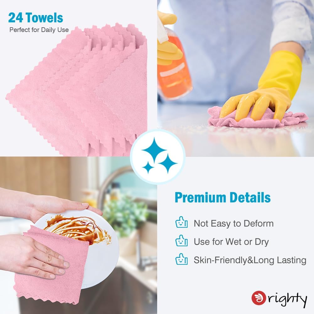 Orighty Microfiber Cleaning Cloth, 24 Pack Highly Absorbent Cleaning Supplies, Reusable Clean Rags for House, Microfiber Cloth for Kitchen, Window, Car Care, 11.5x11.5 inch Pink