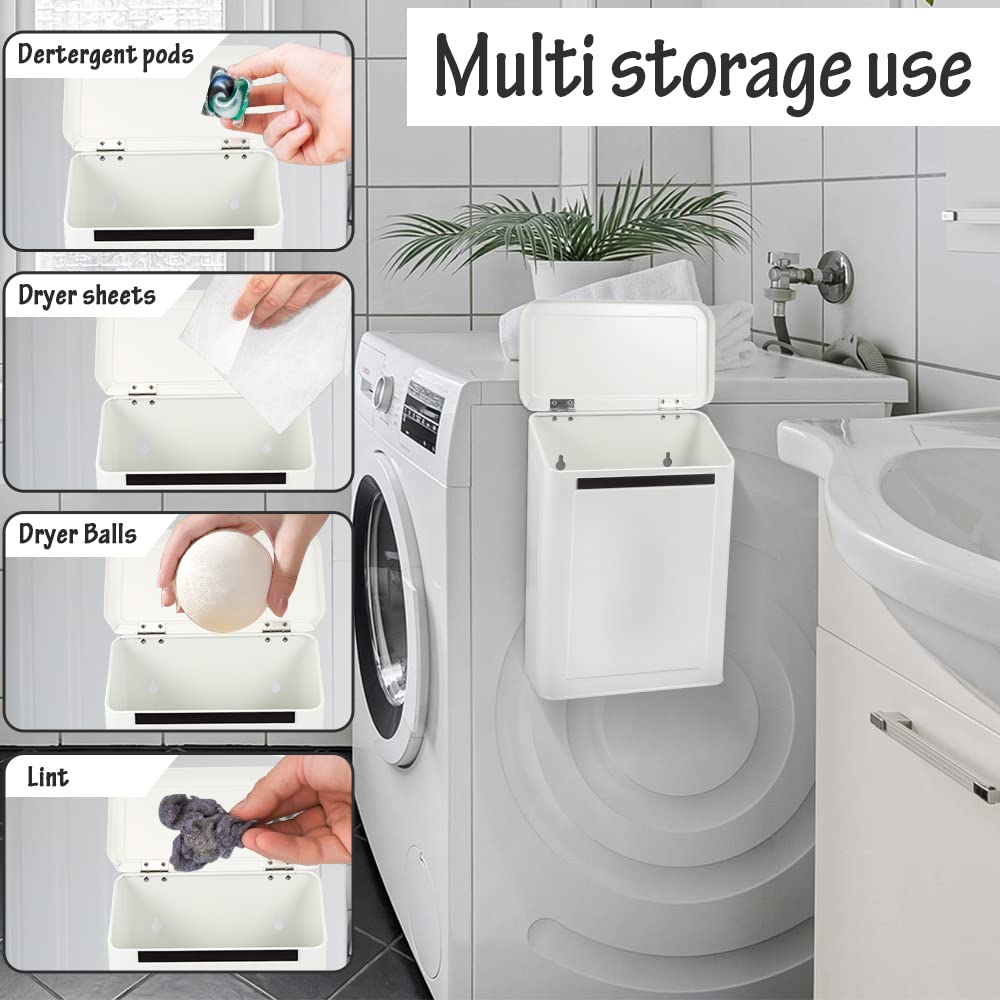 Picowe Magnetic Laundry Storage, Large Metal Lint Holder Bin with Lid for Laundry Room, Space-Saving Trash Container Hanging on Dryer, Washer or Wall Mount Trash Bin (White)