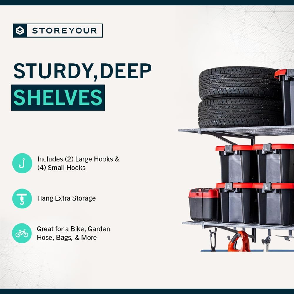 StoreYourBoard 2-Pack Heavy Duty Wall Shelves – Wall-Mounted Garage Storage Shelving and Organization for Sheds, Closets, or Utility Rooms – Holds 200 lbs, 1ft x 4ft, Hammered Gray