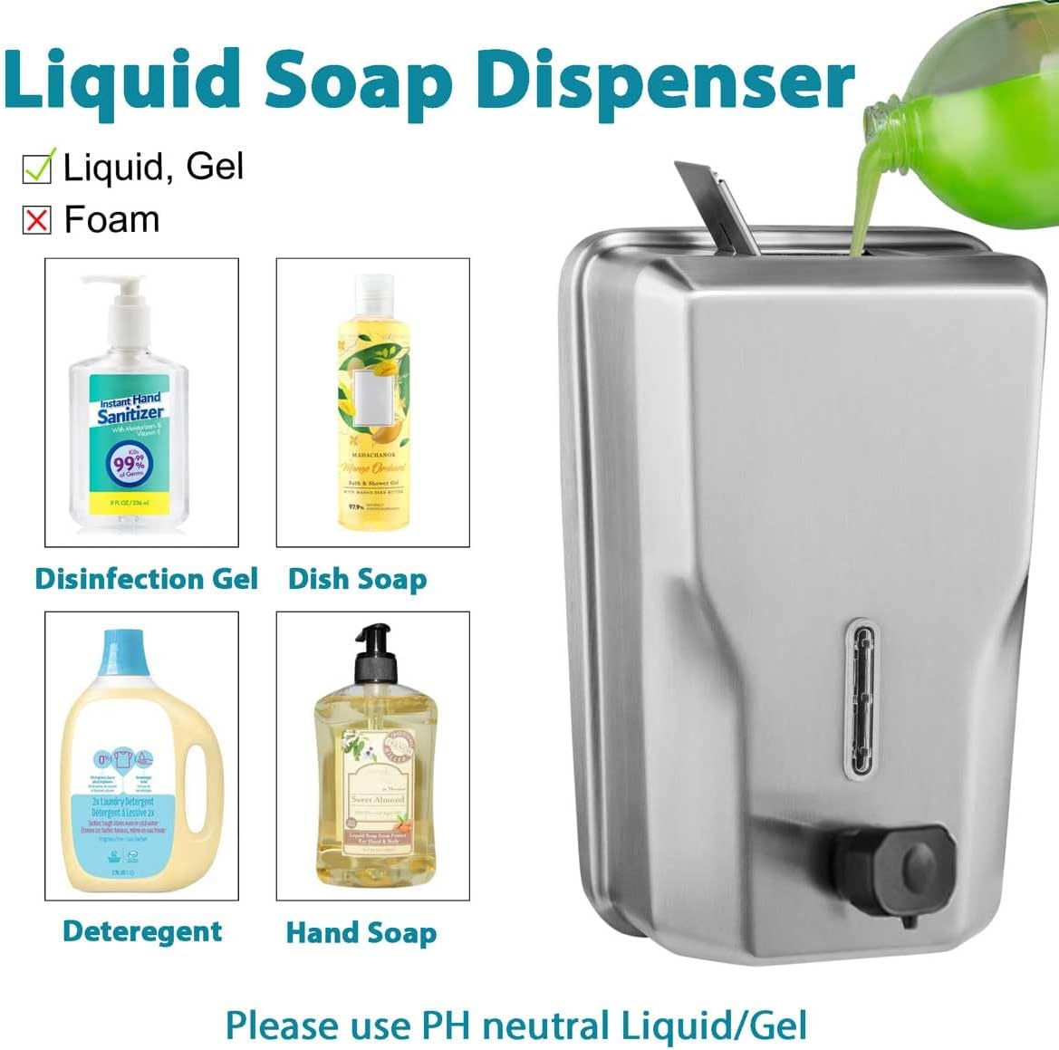 Commercial Stainless Steel Soap Dispenser โ 47.3oz Large Capacity Wall Mount, Anti-Leak Pump, SUS304 Brushed Metal for High-Traffic Restrooms