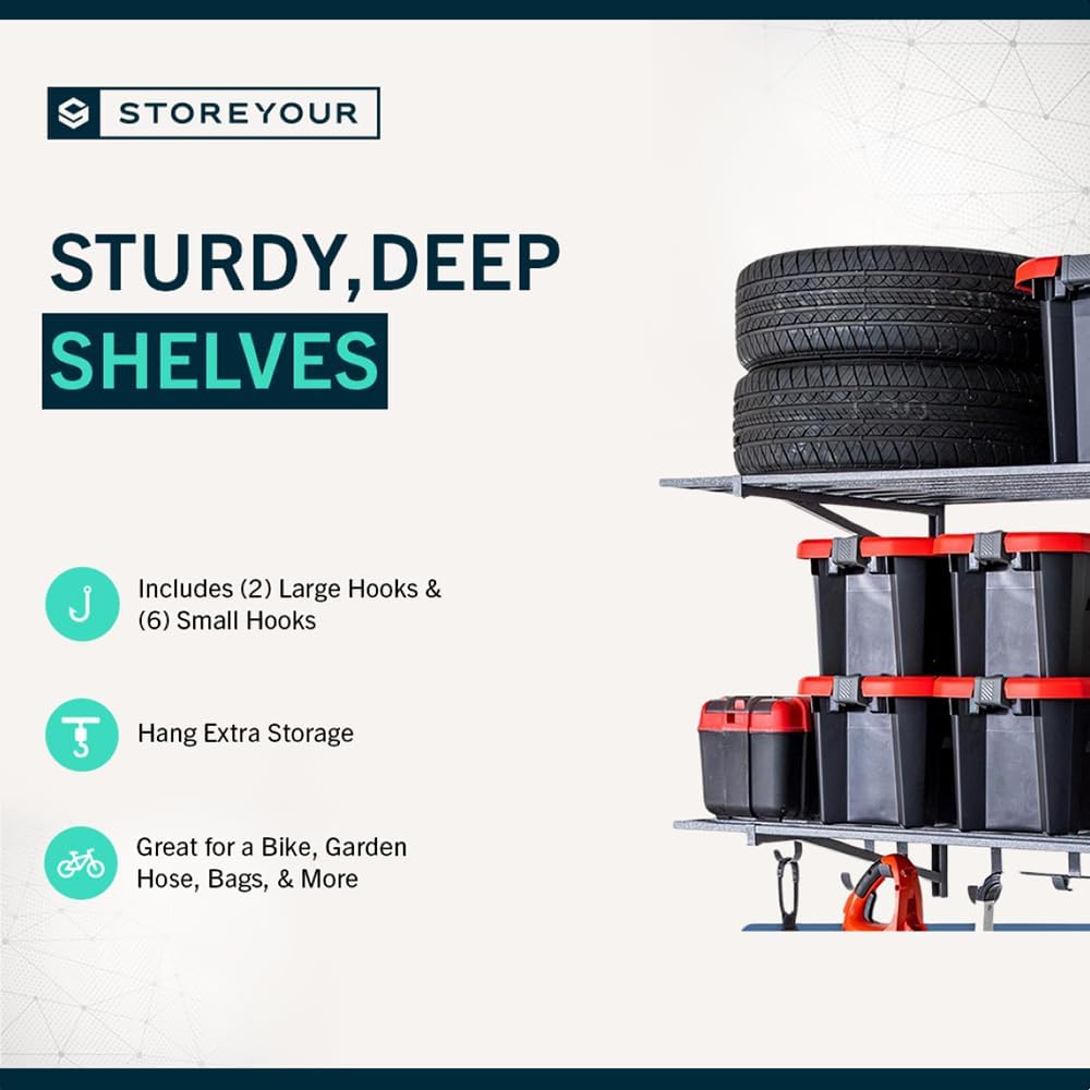 StoreYourBoard 2-Pack Heavy Duty Wall Shelves – Wall-Mounted Garage Storage Shelving and Organization for Sheds, Closets, or Utility Rooms – Holds 200 lbs, 2ft x 4ft, Hammered Gray