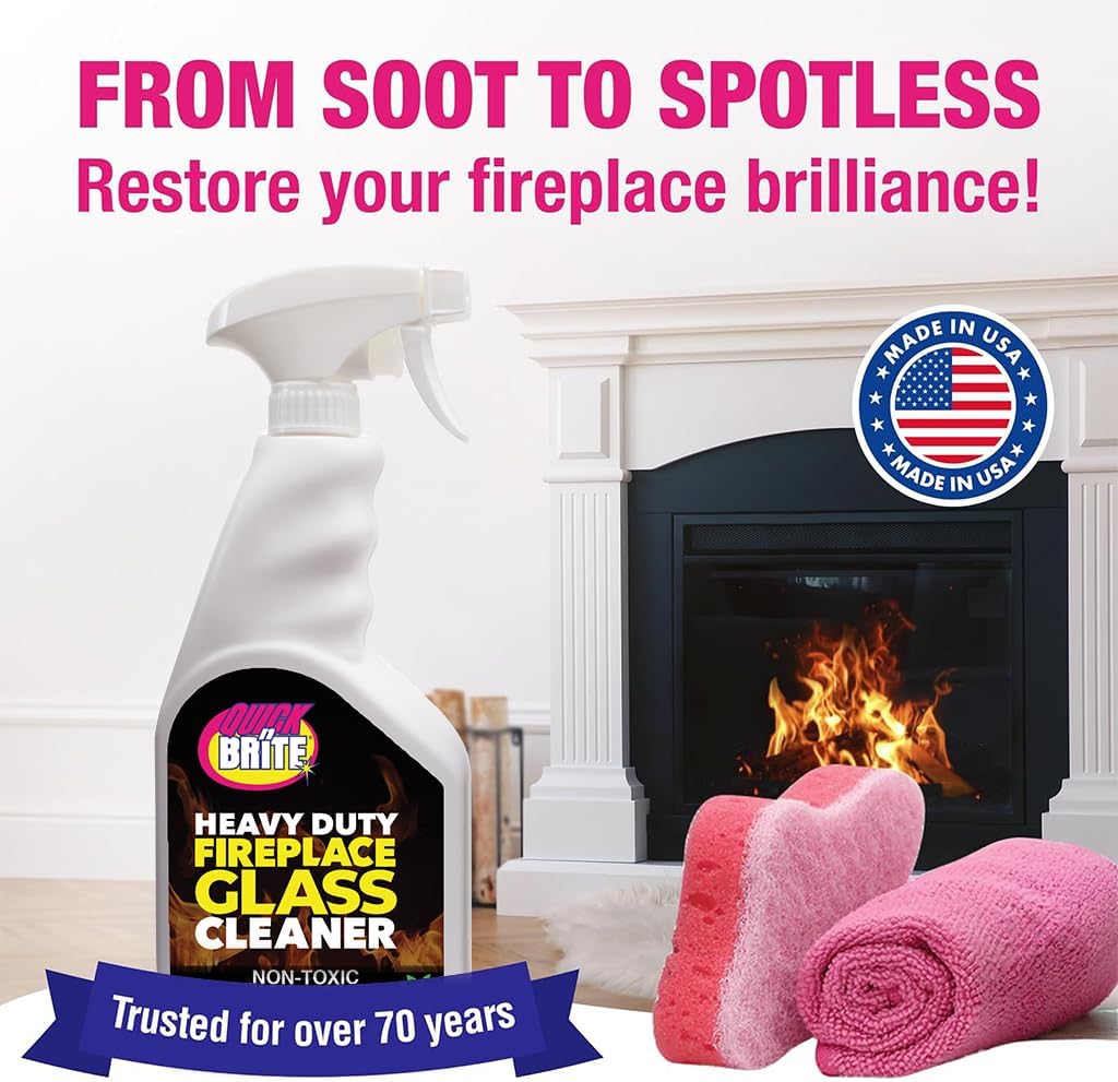 Quick N Brite Fireplace Glass Cleaner 24oz, Nonabrasive Cleaning Spray for Fireplace Glass, Oven Glass, Glass Cooktops, Ceramic-Glass, Microwave Glass