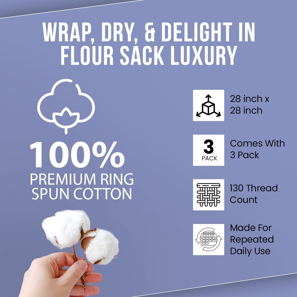 WHITEWRAP Flour Sack Towels| Tea Towel for Crafts| Kitchen Dish Cotton Blank Towel for Embroidery|Baking Bread Proofing Linen Cover| Thick Absorbent Quick Dry| 3 Pack 28"x28" Natural