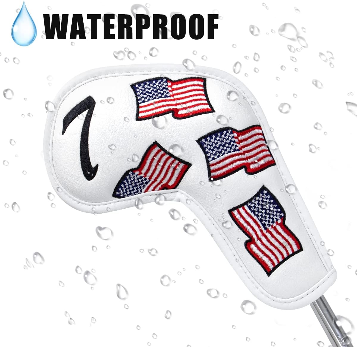 US Flag Golf Iron Covers Headcovers - 10pcs Patriotism Golf Club Covers for Irons - White Synthetic Leather Golf Iron Wedge Head Covers fits for PXG, Taylormade, Mizuno JPX MP, Etc.