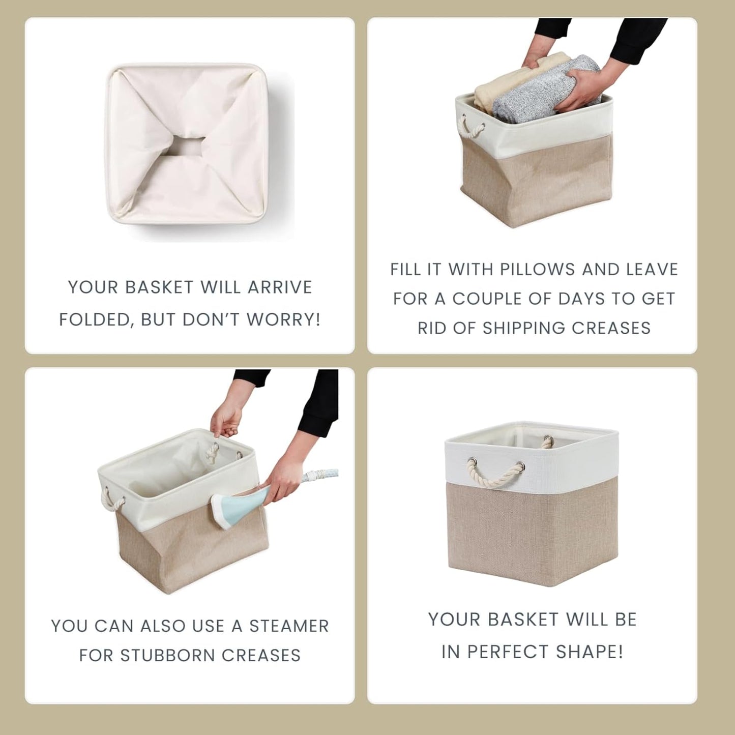 Mangata Canvas Storage Boxes, 13 Inch Cube Storage Bins Set of 6, Fabric Baskets with Cotton Rope Handle for Organizing Clothes Nursery Home (Khaki/White)