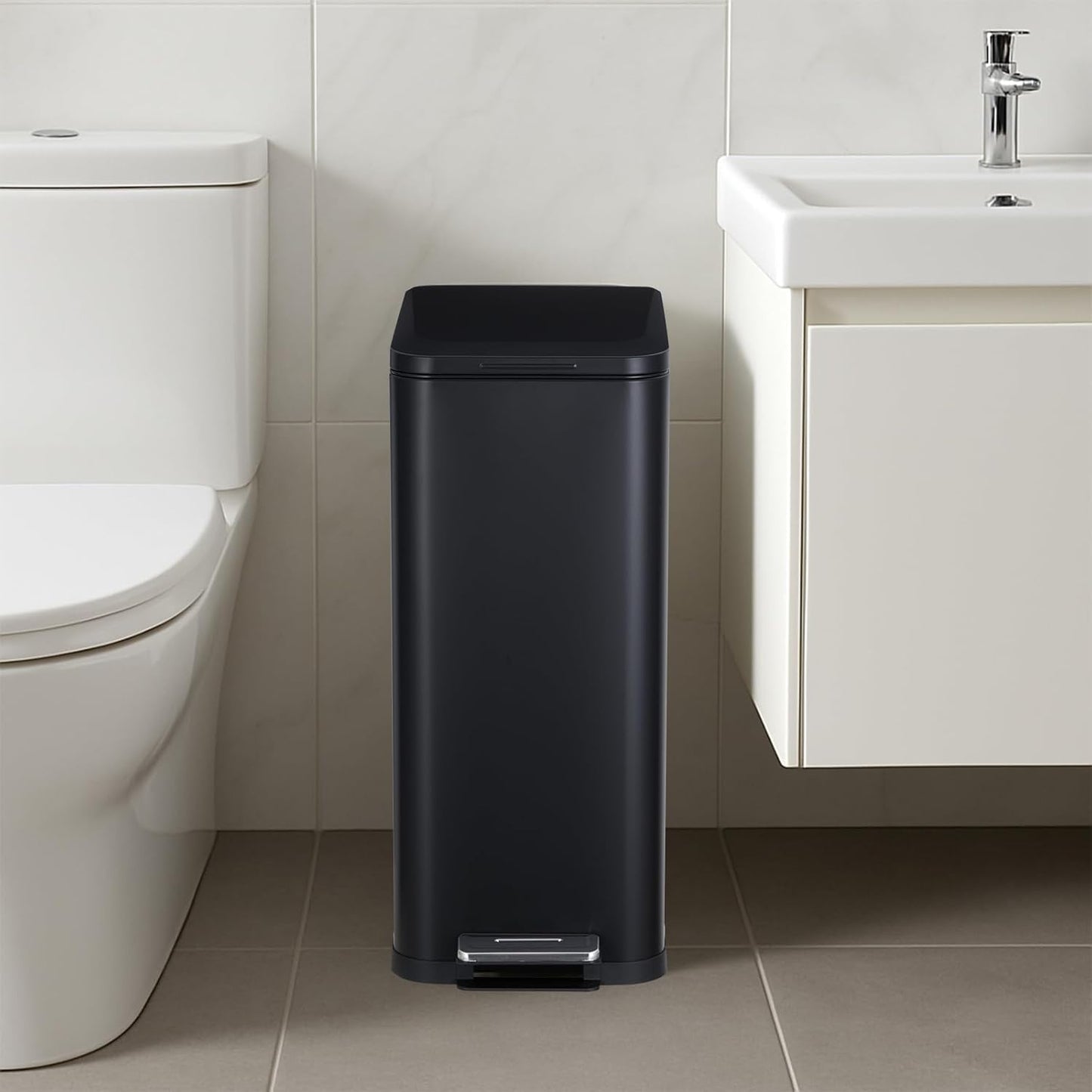Garvee 13 Gallon Kitchen Trash Can, Stainless Steel Step Garbage Bin with Soft-Close Lid & Removable Bucket, Fingerprint Proof, Slim for Narrow Spaces, Bathroom or Office (Black+Silver, 13 Gallon)