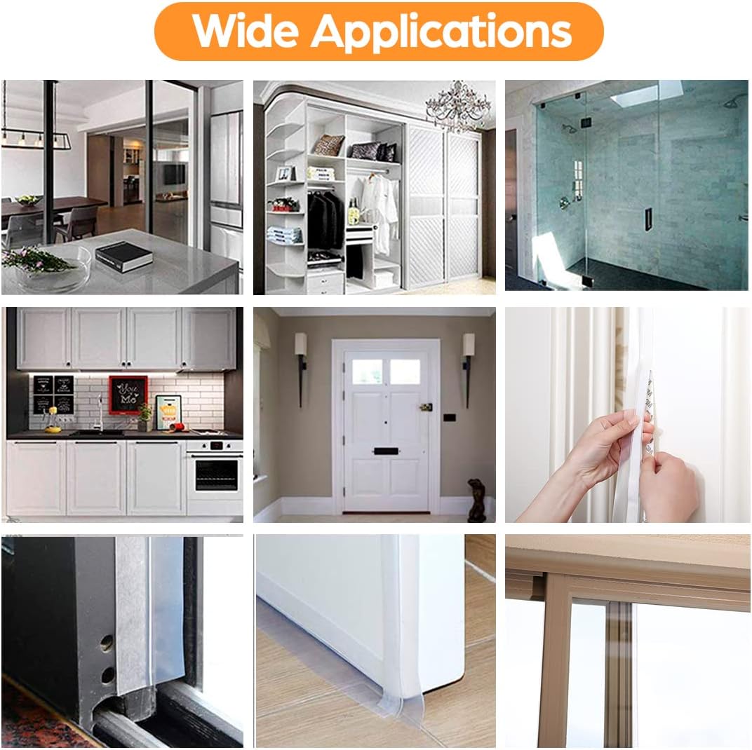 28.9 Ft Door Weather Stripping Door Seal Strip,Silicone Door Draft Stopper,Self Adhesive Shower Door Bottom Seal and Door Insulation Strip for Door Frame Windows and Glass Gaps (Transparent, 45mm)