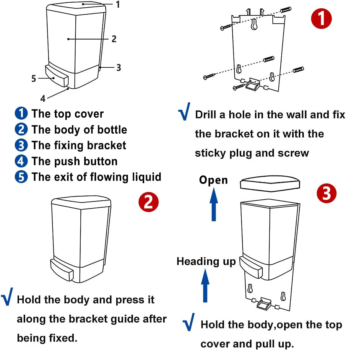 Manual Soap Dispenser Bathroom Kitchen Wall Mounted Commercial Soap Dispenser for Liquid Containers Shampoo Gel Chamber Plastic - (33.8 oz) 1000ml