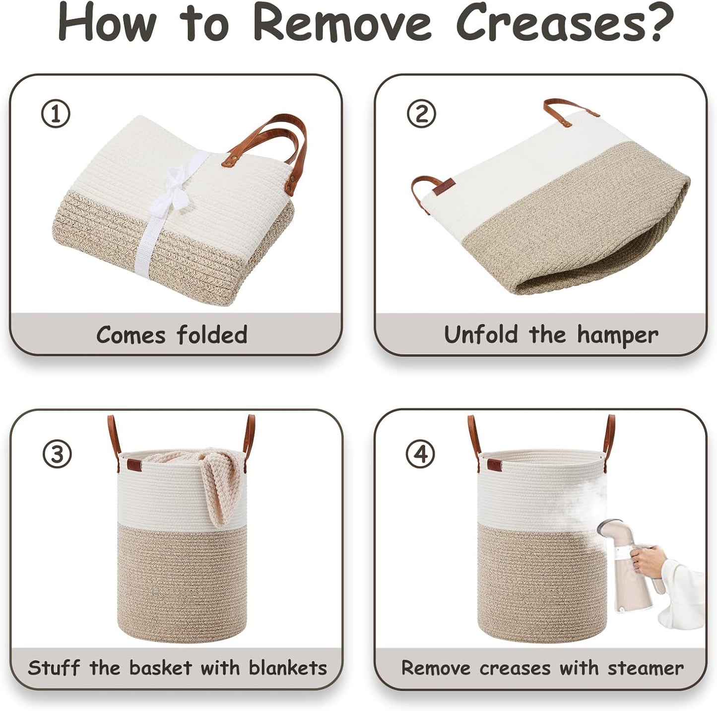 VIPOSCO Tall Laundry Basket, Large Dirty Clothes Hamper with Leather Handle, Woven Rope Storage Basket for Blanket, Toy In Living Room, Bathroom, Bedroom - 100L White & Brown