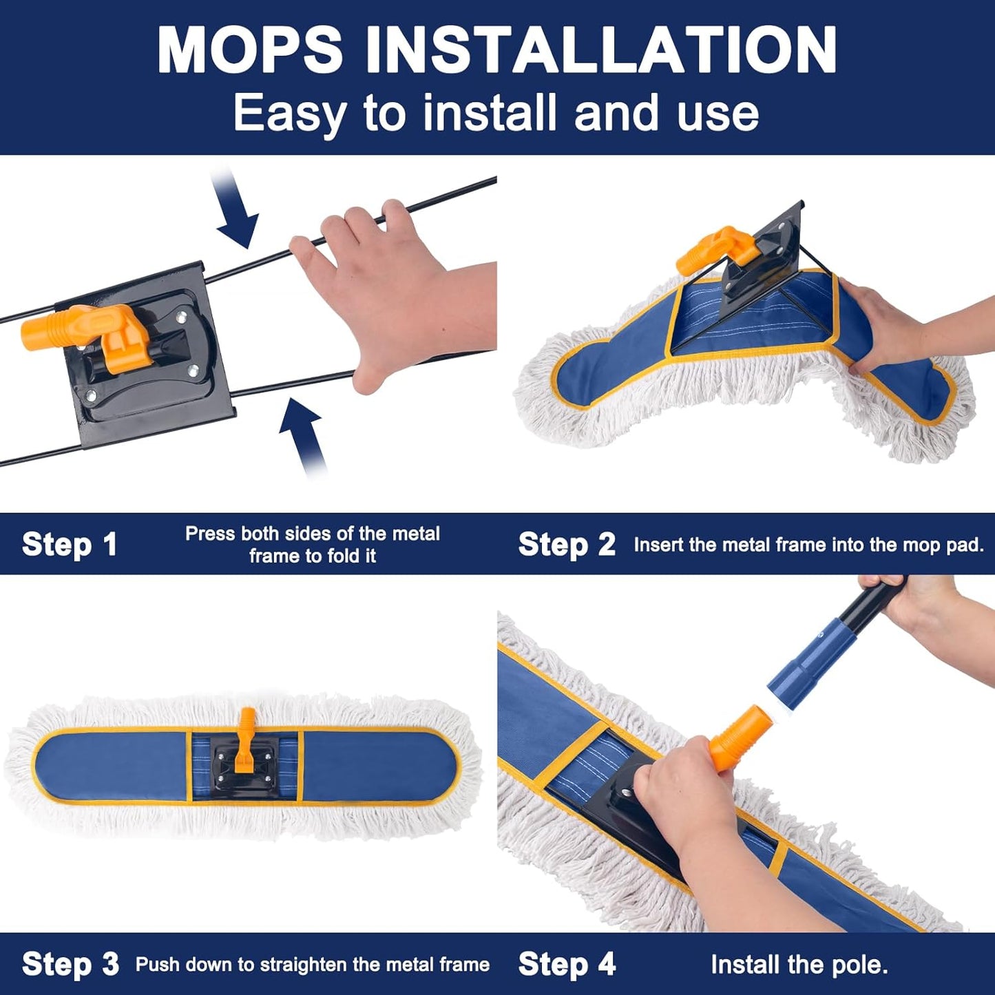 24" Commercial Dust Mop for Floor Cleaning,Heavy Duty Floor Duster with 2 Cotton Reusable Mop Pads,59” Long Handle Wet Dry Flat Mops for Hardwood Floors,Marble, Laminate,Tile,Concrete,Garage (Blue)