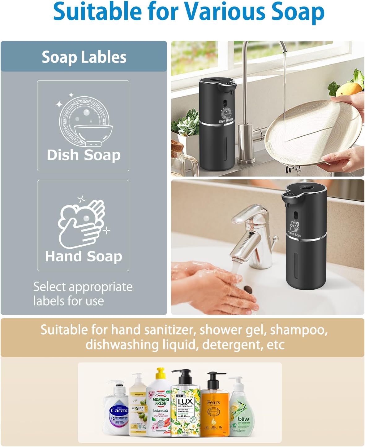 Automatic Liquid Soap Dispenser 12.8oz, Rechargeable & 6 Levels Soap Adjustable with Digital Display, Wall Mount, Waterproof, Touchless Hand/Dish Soap Dispenser for Kitchen, Bathroom, Hotel