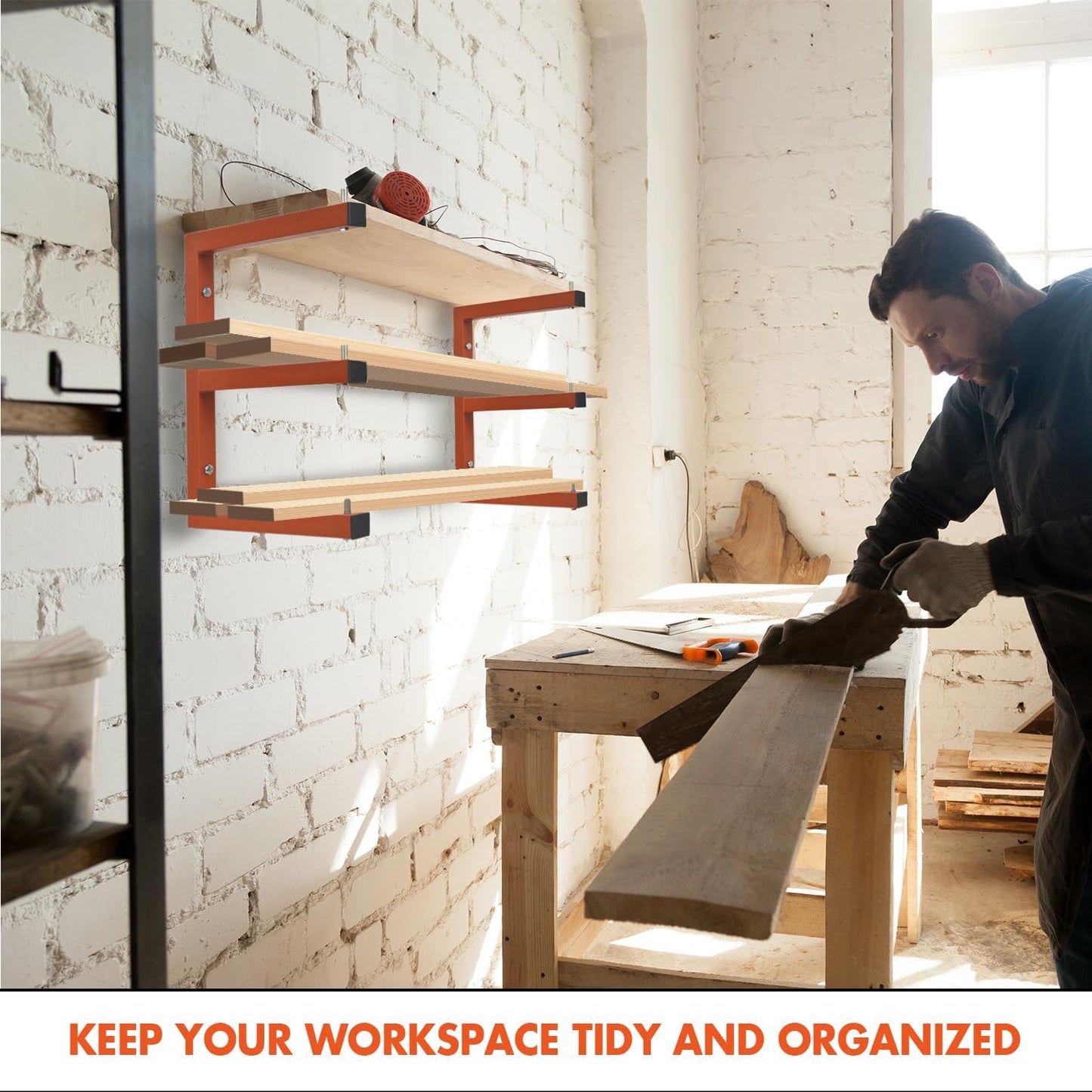 Lumber Storage Metal Rack Wall, Heavy Duty 3-Level Wall-Mounted Wood Rack Organizer for Garage Workshop and Shed (4 Pack)