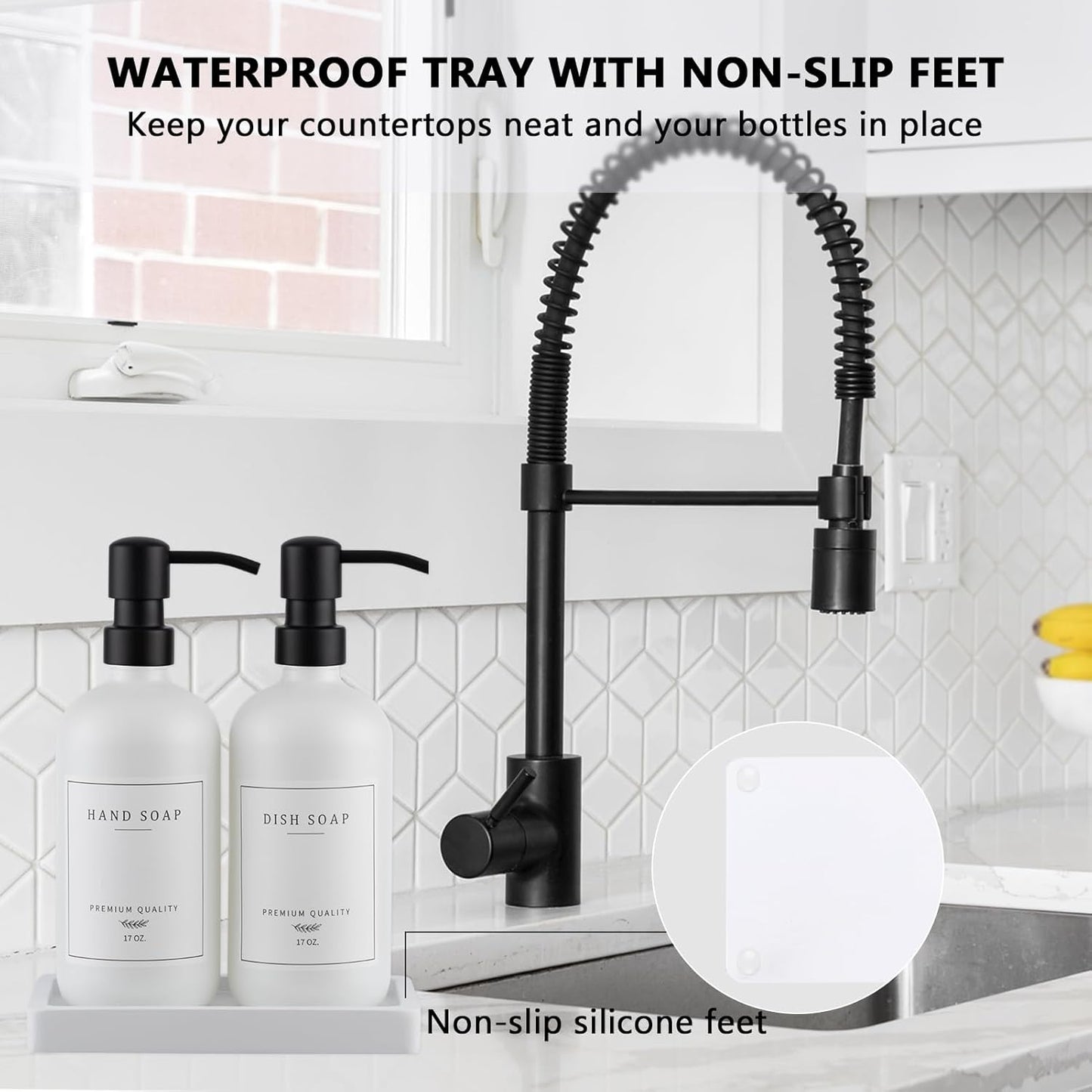 Thick Glass Soap Dispenser - Kitchen Dish Hand Soap Dispenser Set,Rustproof Pump Soap Lotion Dispenser Bathroom with Tray,14 Stickers for Kitchen Decor White Bottle/Black Pump