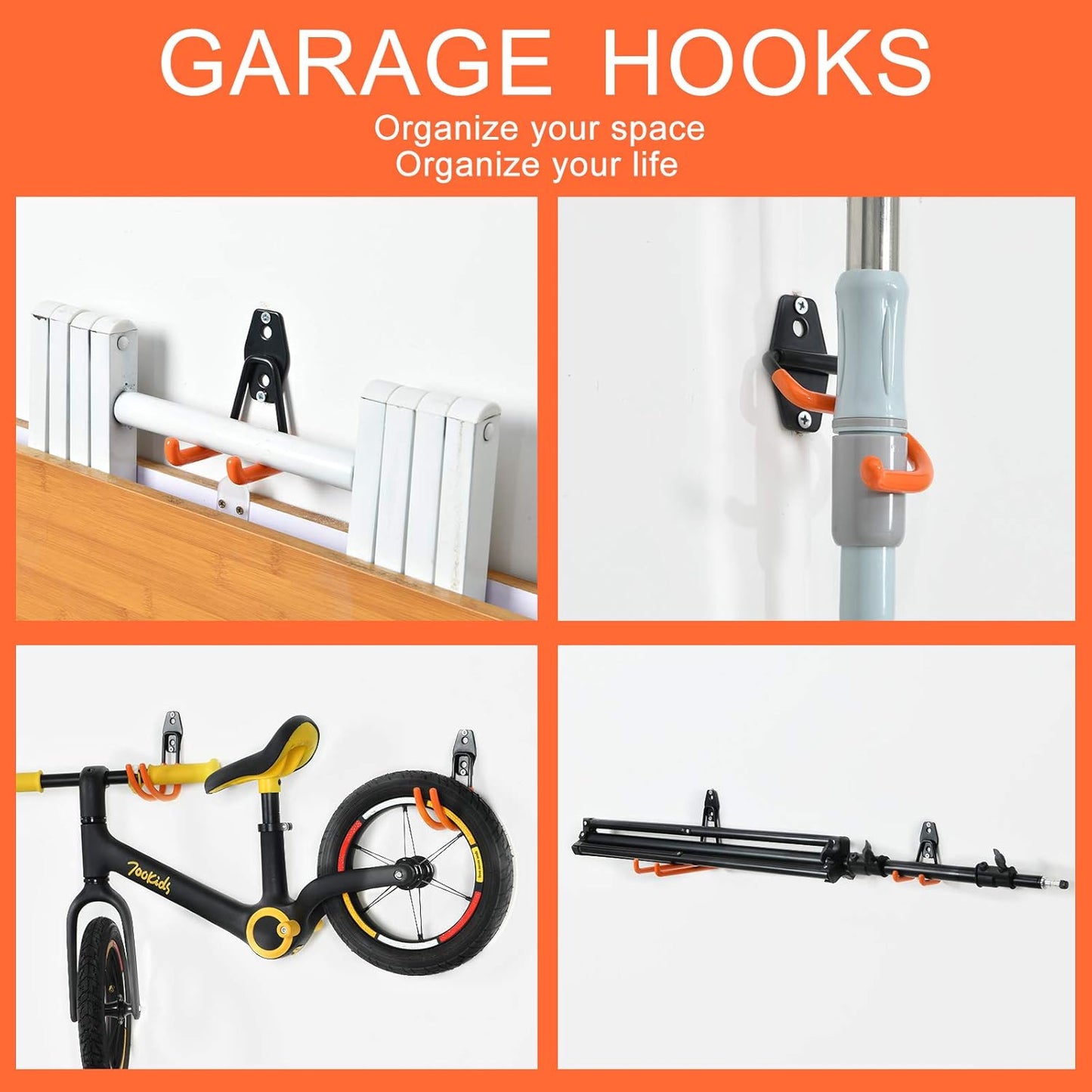 AOBEN Garage Hooks Heavy Duty, Steel Garage Storage Hooks, Utility Tool Hangers and Combinable Wall Mount for Organizing Ladders, Bikes, Hoses, and More Equipment (Large J, 4 Pack)