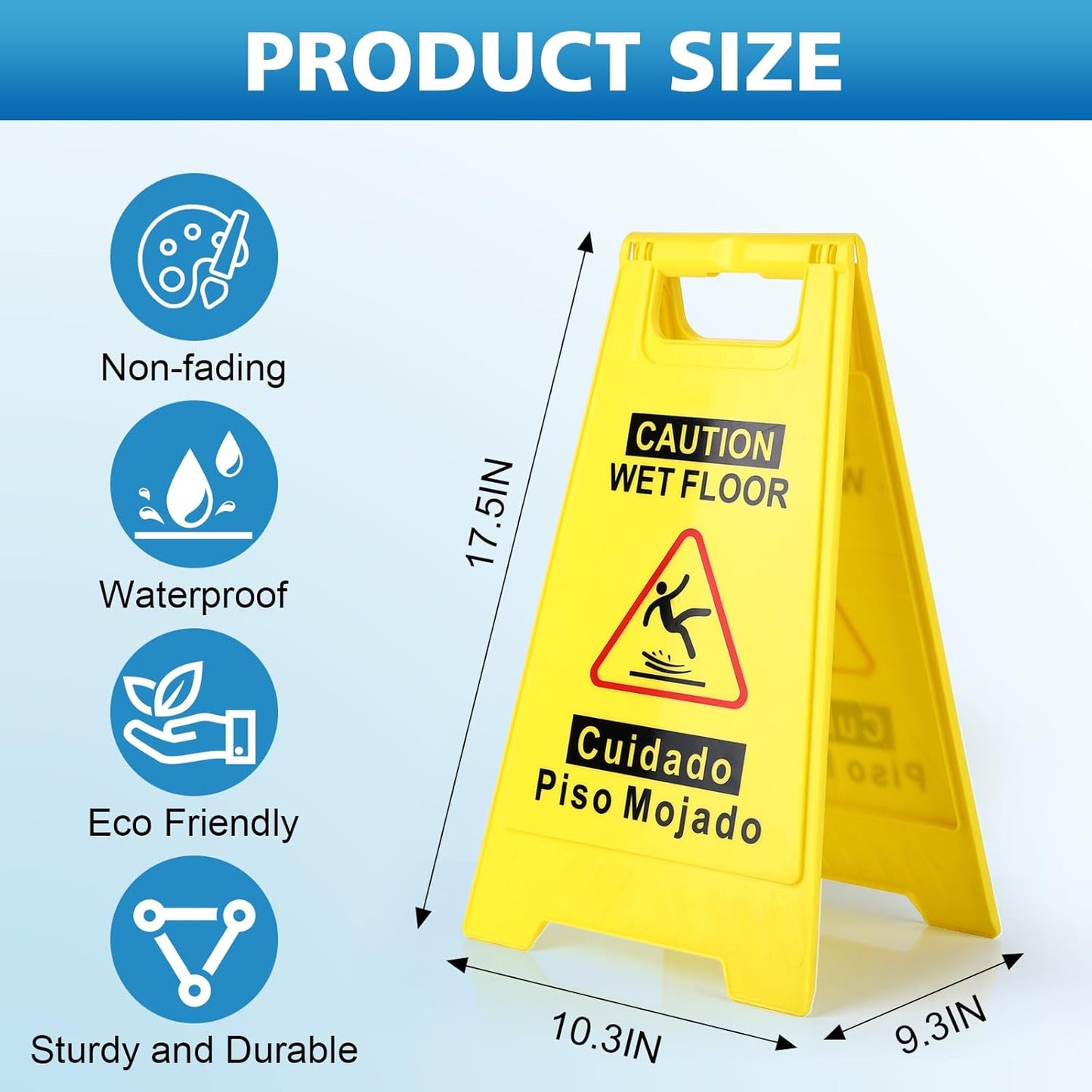1-Pack Caution Wet Floor Sign,17.5" Height,Bright Yellow Double-Sided Folding A-Shaped Frame Design, Bilingual Caution Message