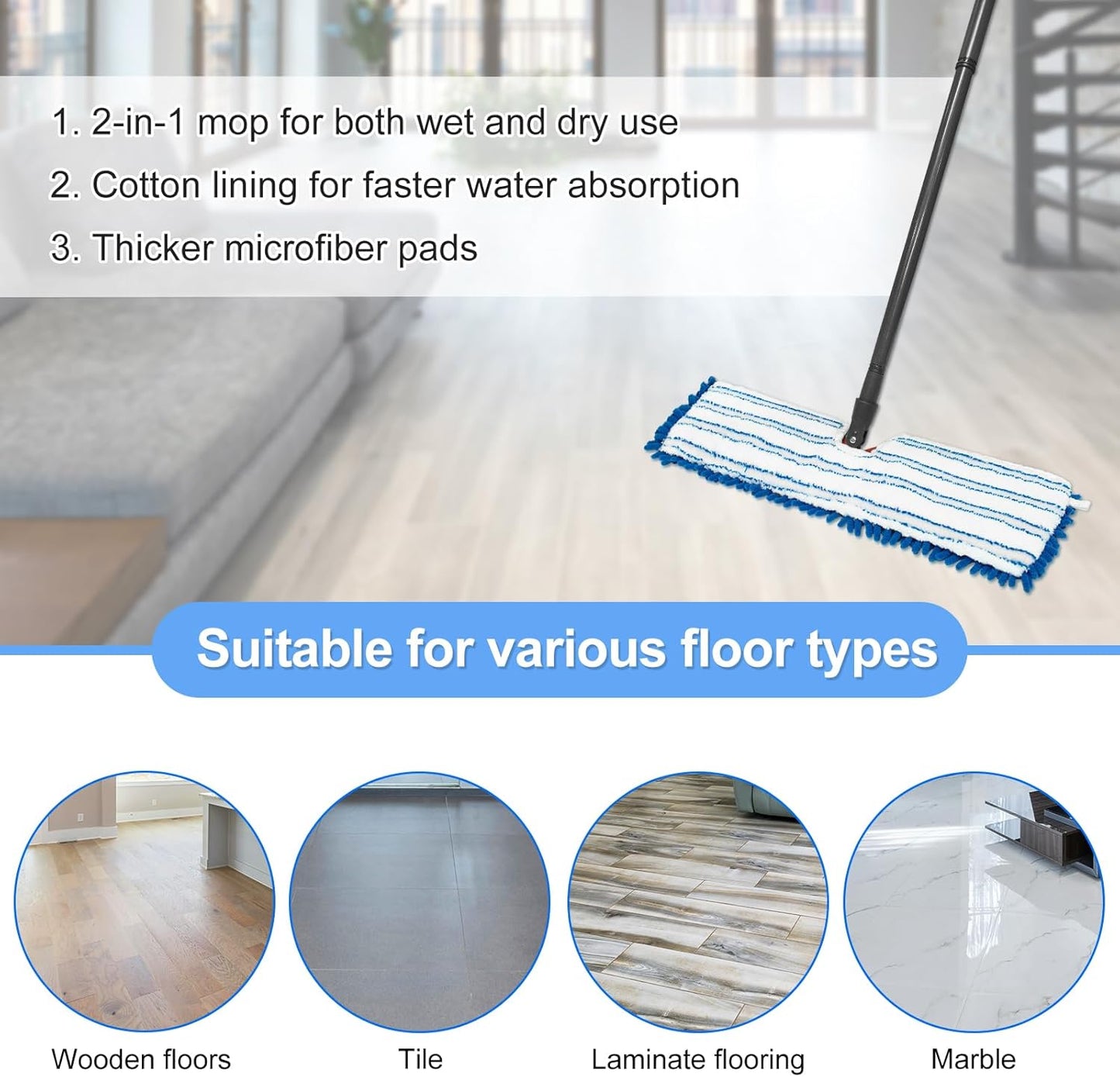 4 Pack Mop Heads Replacements for Ocedar Dual-Action Microfiber Flip Mop, Double Sided Mop Replace Head Mop Refills with Microfiber & Chenille for Dry Wet Use, Reusable, Machine Washable