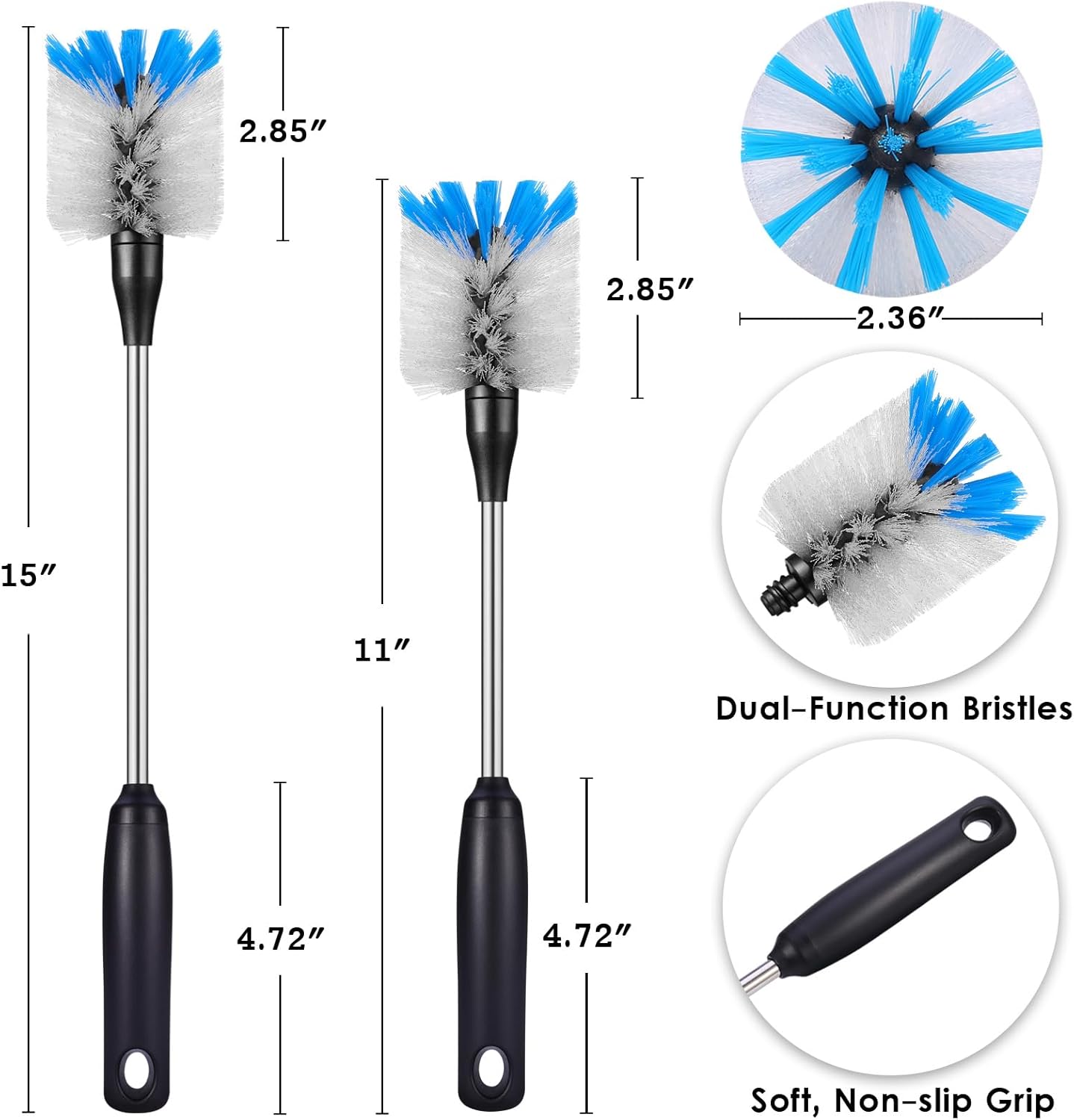 Stainless Steel Bottle Brush with Replaceable Head, 2 Pack Long Handle Scrubbing Brush for Water Bottles, Glasswares, Mugs, Flasks, Tumblers, Vases, and Kitchen Sink, 13 in