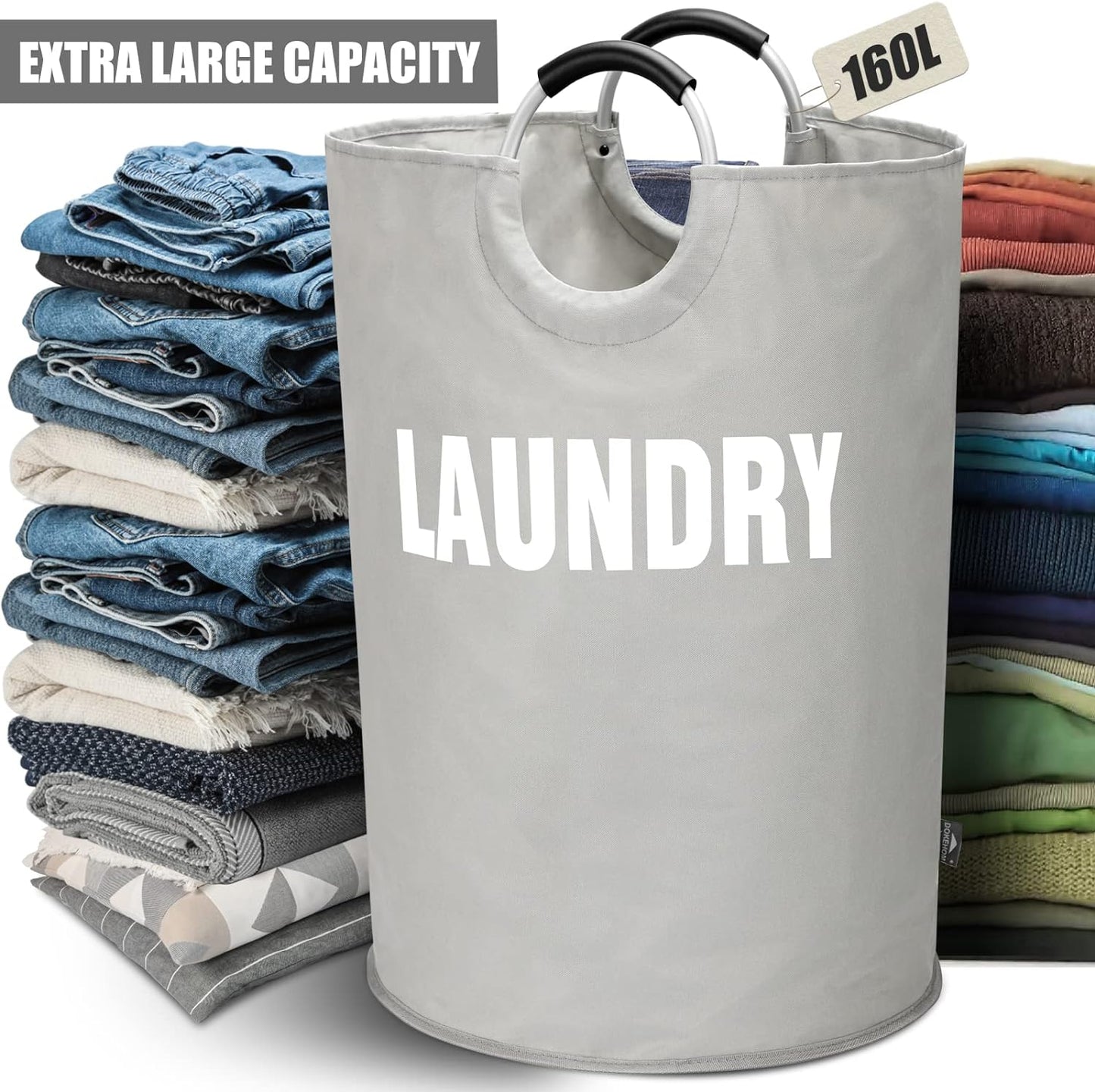 DOKEHOM 160L XX-Large Laundry Basket (7 Colors), Collapsible Laundry Bag, Foldable Laundry Hamper, Folding Washing Bin (Grey, XXL)