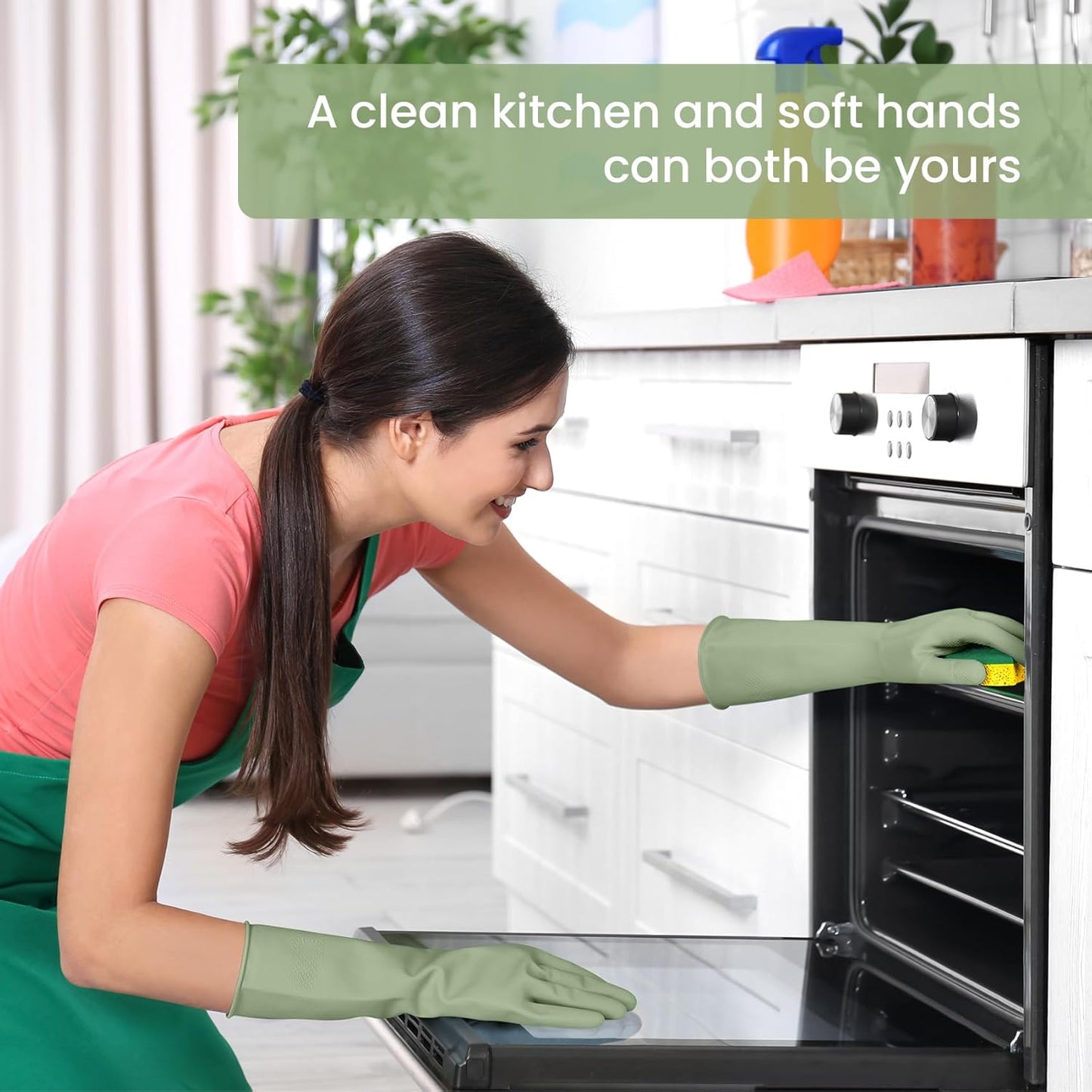 Rubber Cleaning Gloves for Dishwashing, 4 Pairs Reusable Kitchen Gloves for Washing Dishes and Household Cleaning, Green Dish Gloves with Flocked Lining and Non-Slip Grip, Pefect for Woman Men - S