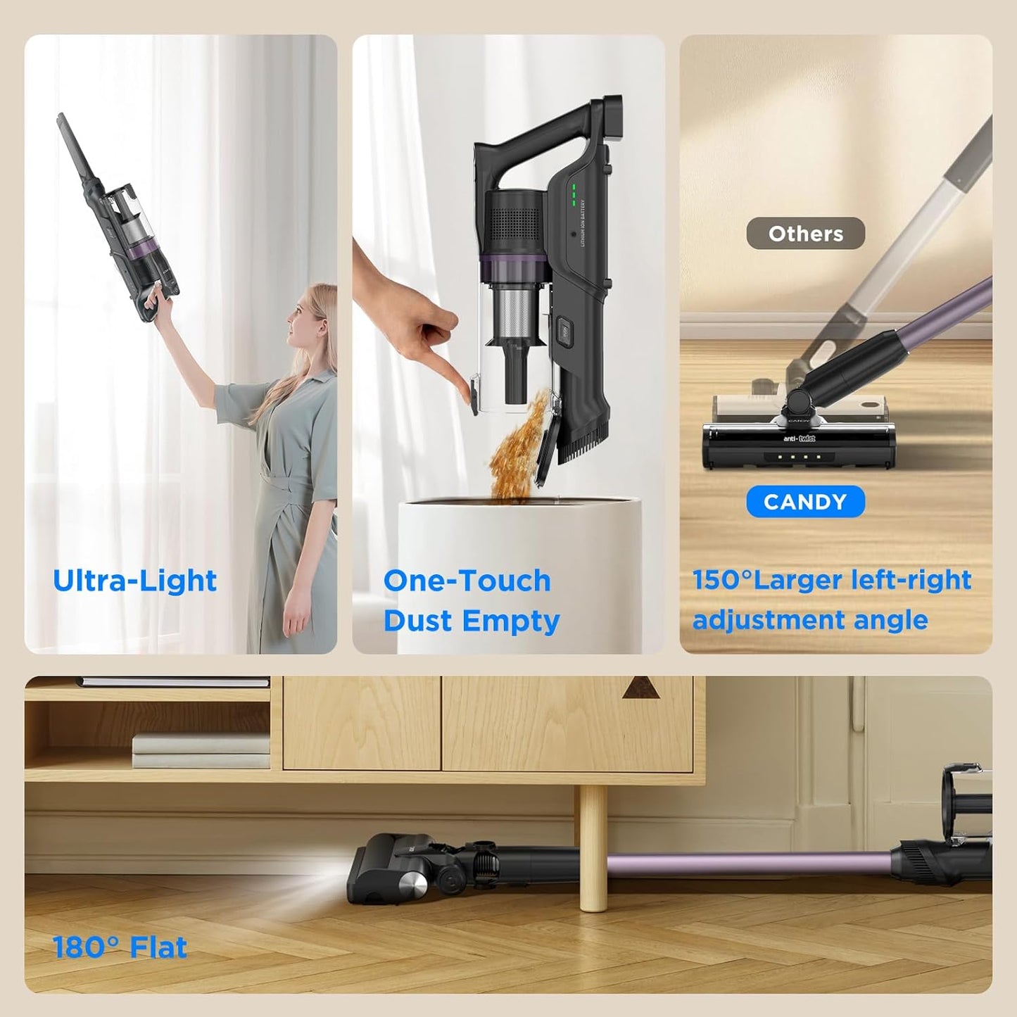 CANDY Cordless Vacuum Cleaner, Stick Vacuum Cordless Rechargeable,45Mins Powerful Suction Vacuum Cleaners for Home,Anti-Tangle,One-Click Dust Disposal,Lightweight for Hardwood Floor Carpet Pet Hair