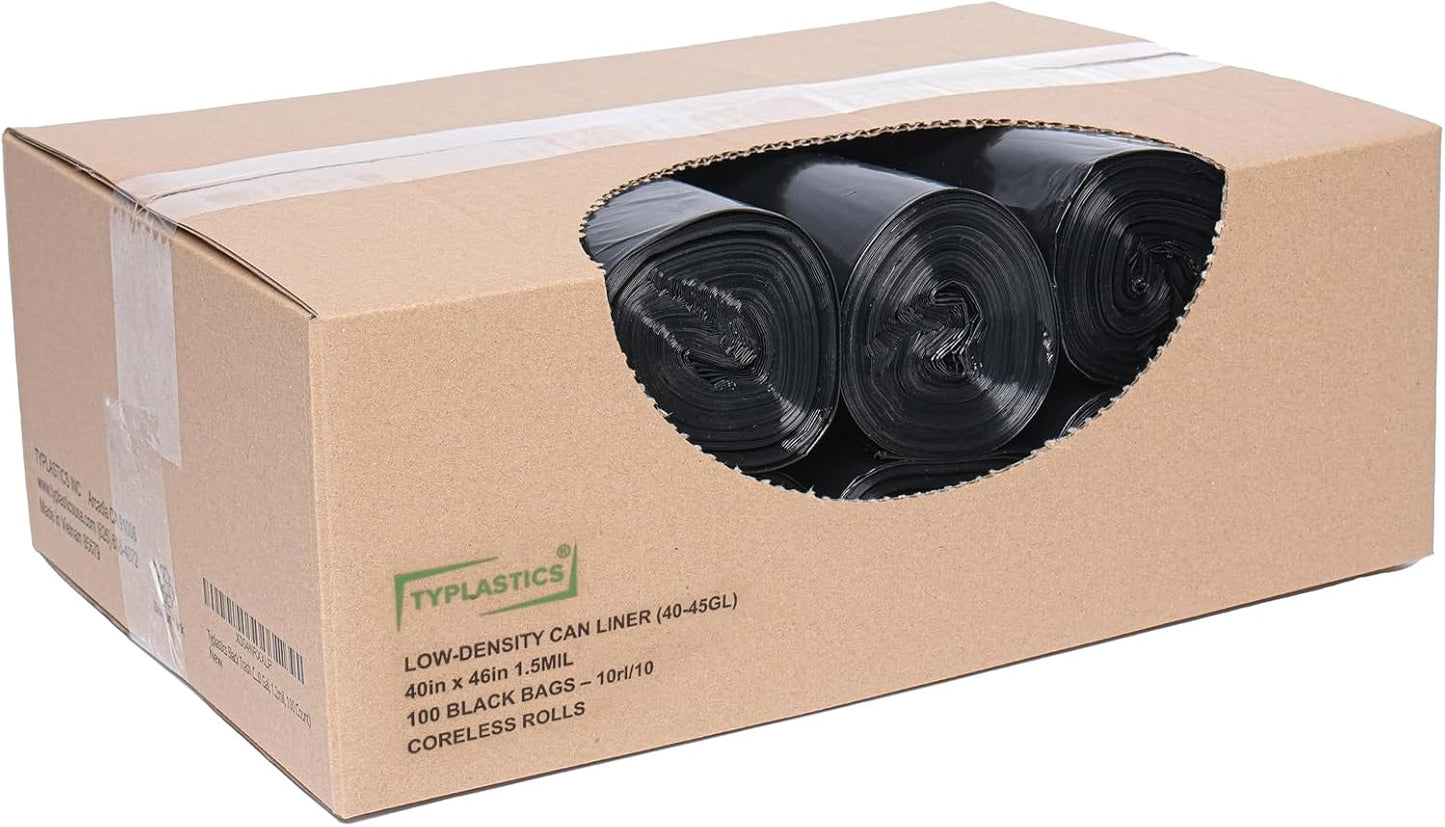 TYPLASTICS 40-45 Gallon Trash Bags Can LIners Heavy Duty 40x46" 1.5 Mil, Black 100 Count