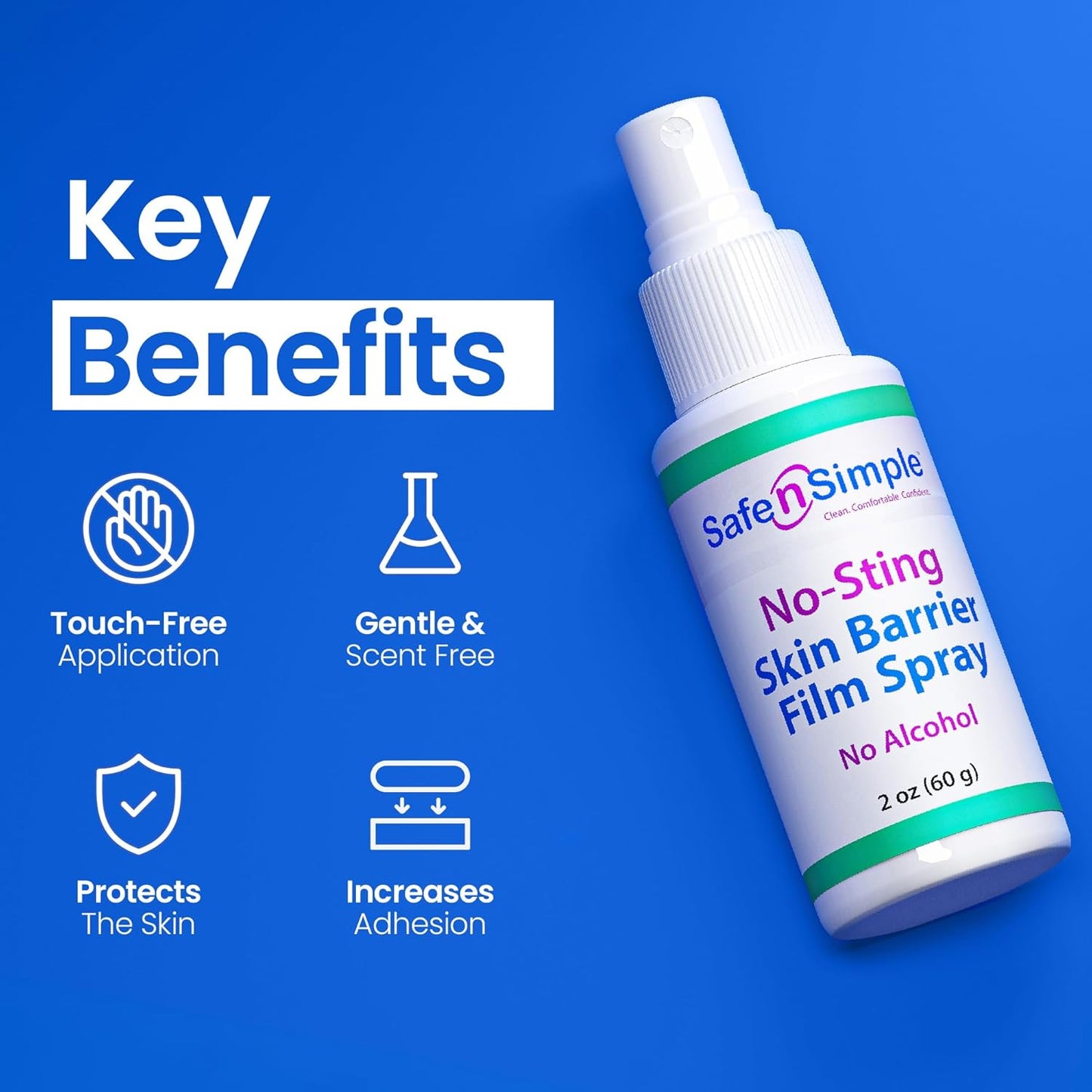Safe n' Simple No Sting Barrier Film Spray - 2 Oz - Odor-Free Pre Tape Solution - No-Alcohol Skin Prep - Adult Adhesive Spray for Skin Protectant