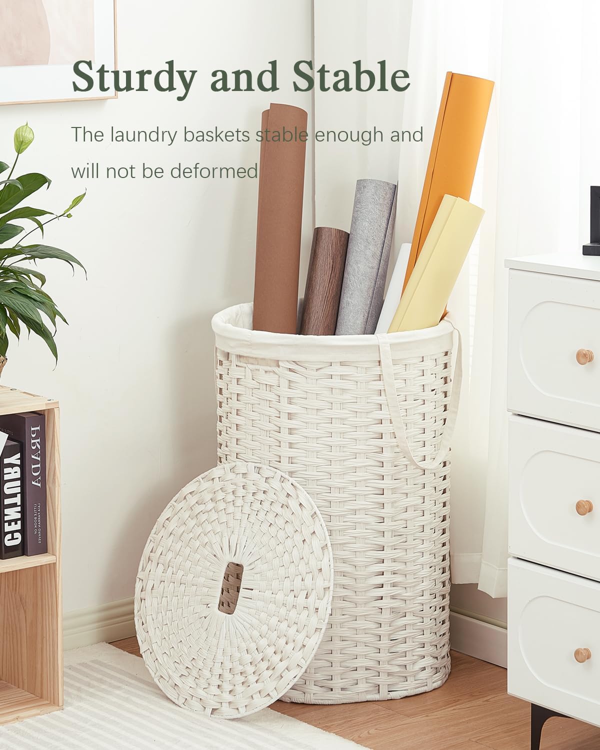 Large Laundry Hamper Laundry Basket Round 34.3 Gal (130 L) Handwoven Wicker Laundry Baskets Rattan Laundry Basket with Laundry Bag Handles 2 Mesh Bags for Living Room Bedroom White