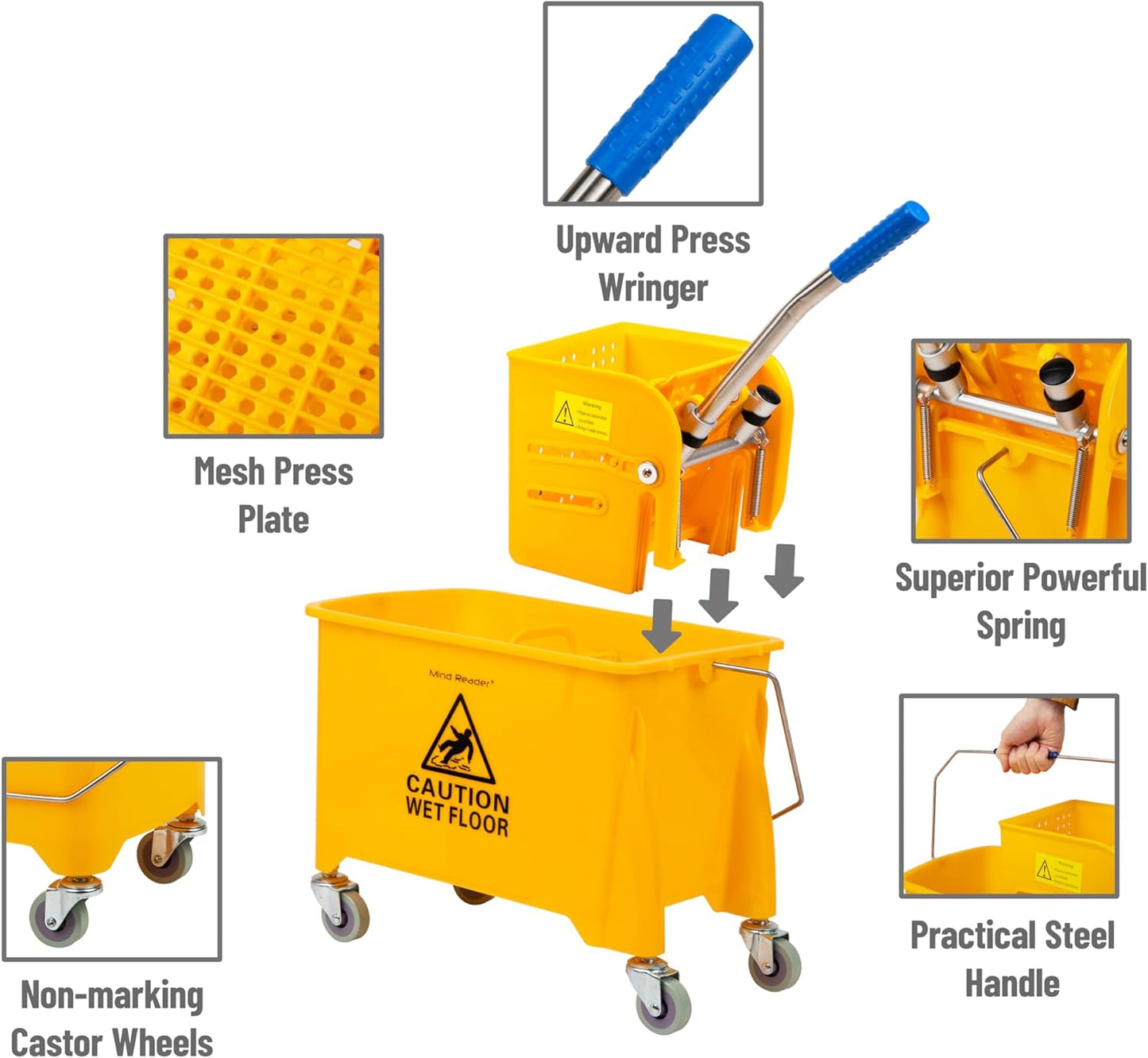 Mind Reader Bucket with Wringer and Mop Set, 22 Qt (5.5 Gallon), Floor Cleaning, Wheels, 16.25" L x 10.75" W x 24.5" H, Yellow