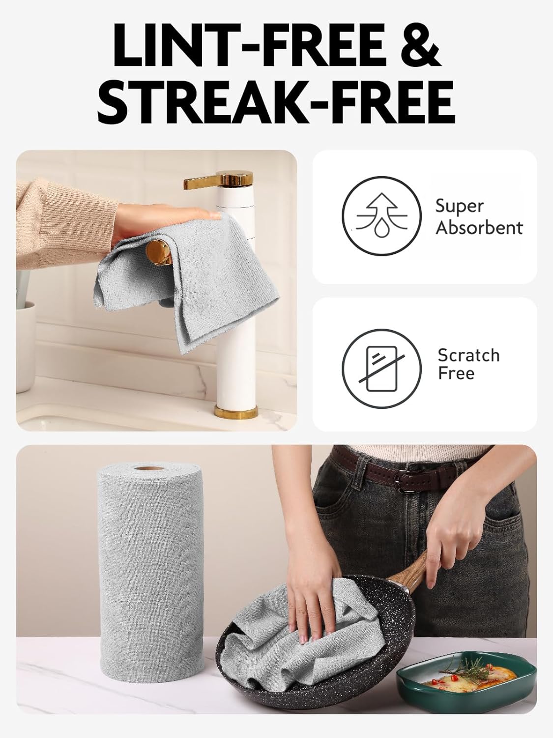 Fantasticlean Microfiber Cleaning Cloth Roll -75 Pack, Tear Away Microfiber Towels, 12" x 12", Reusable, Washable, Scratch Free, Ultra Absorbent Dish Rags for Car, Home, Garage or Shop (Grey)