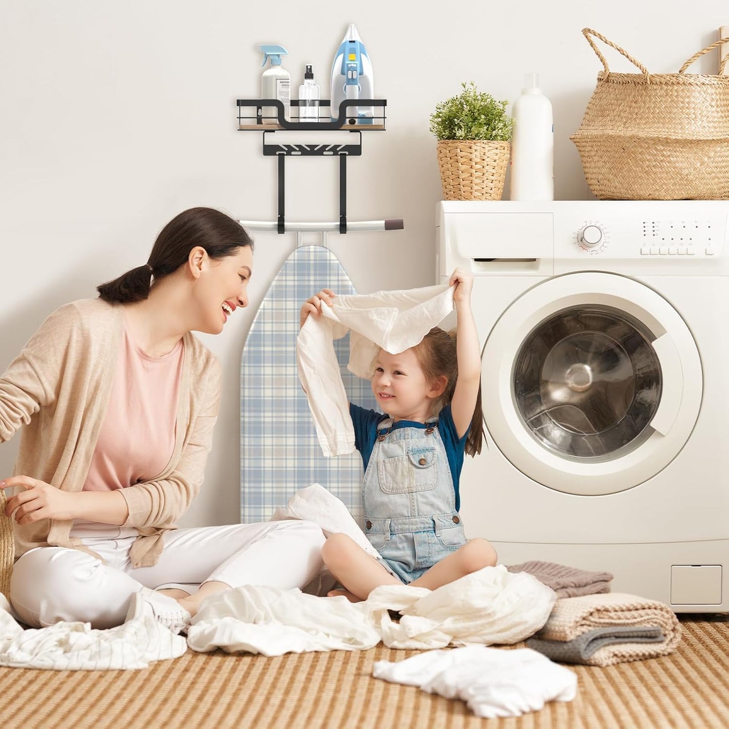 Ironing Board Holder Wall Mount, Laundry Room Organization Storage, Black, T&V Shaped Space Saving Ironing Board Hanger for Laundry Room Decor and Accessories