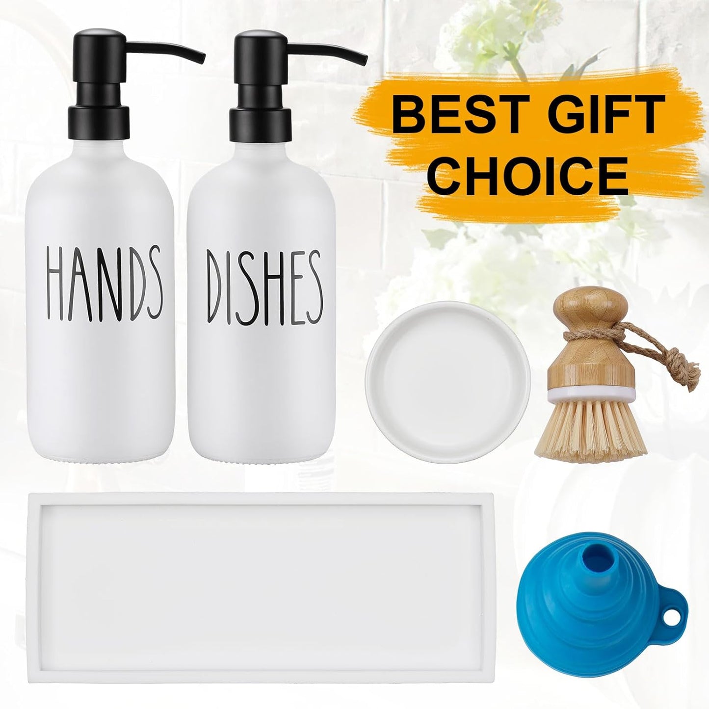 Glass Soap Dispenser for Kitchen, Farmhouse Dish Hand Soap Dispenser Set, Rustproof Pump Dispenser Set with Tray and Dish Brush, Kitchen Decor(White)