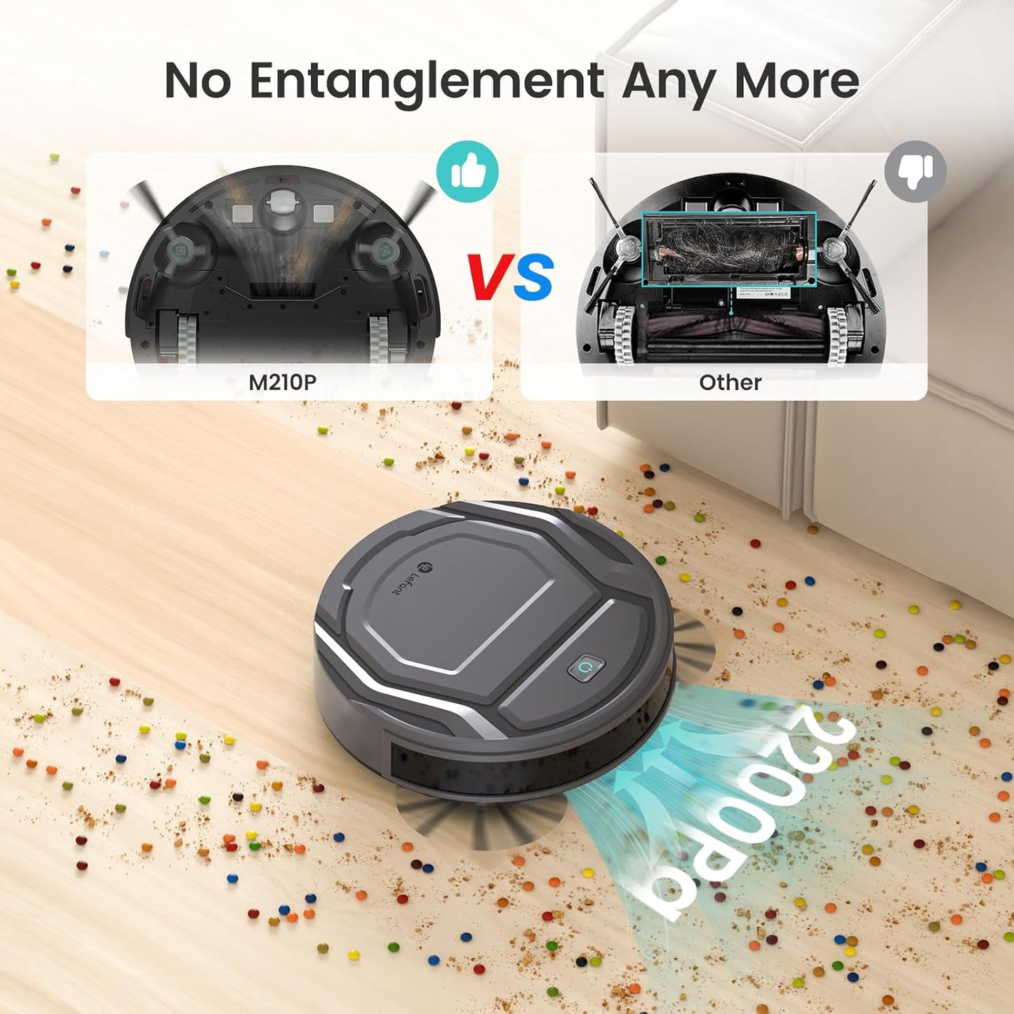 Lefant M210 Pro Robot Vacuum, Slim Quiet, 3 Adjustable Suction Levels, 6 Modes, Robot Vacuum Cleaner for Pet Hair, Hard Floors & Low Carpets, Self-Charging, WiFi/App/Alexa Control, Gray