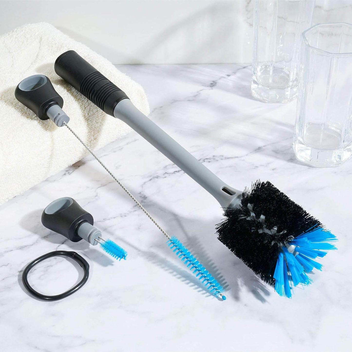 3-in-1 Bottle Brush with Straw Cleaning Brush and Nipple Cleaner, Long Handle Water Bottle Scrubbing Brush, Built for Cleaning Sport Bottles, Baby Bottles, Coffee Mugs, Flask