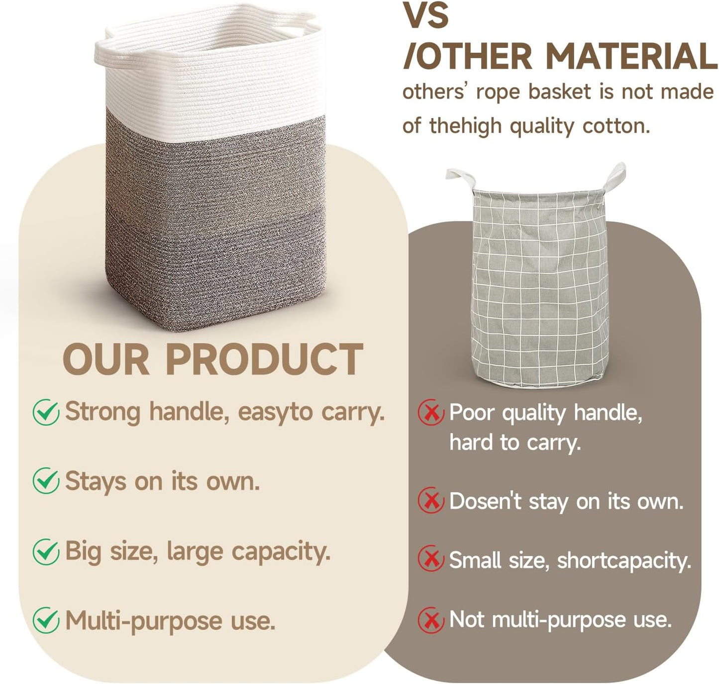 CLHMILY&Z 75L Laundry Hamper Rectangular Cotton Rope Basket - 16x13x22 Inches - Durable and Soft Storage Bin for Clothes, Toys, and Nursery Essentials, Brown & White