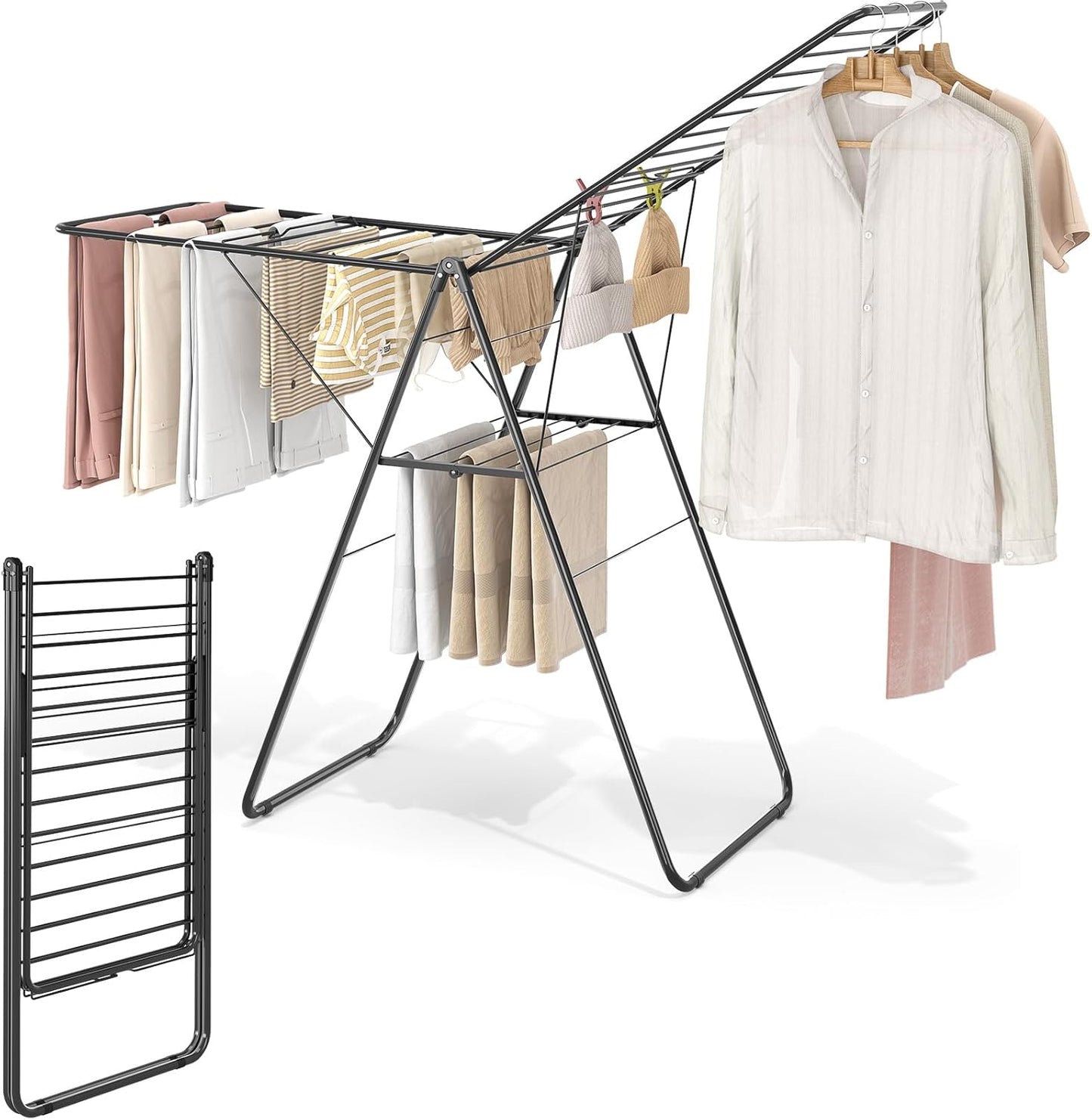 KINGBOARD Clothes Drying Rack Foldable, Drying Rack Clothing with Height-Adjustable, Metal Laundry Rack, Indoor Outdoor Use, No Assembly, 20.47"x 70"x 42.52", Black