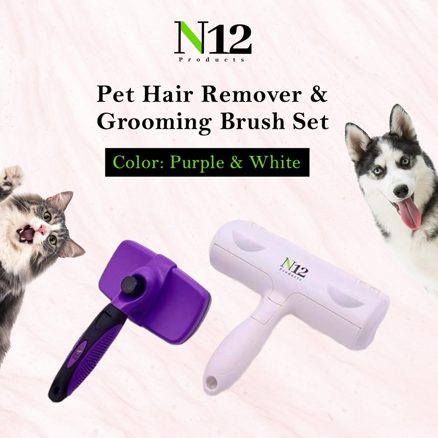 N12 Cat, Dog Hair Remover/Lint Roller and Grooming Hair Bush Combo – Pet Fur Remover for Couch, Furniture, Carpet, Car Seat & Self-Cleaning Slicker Grooming Brush with Long Pins for Shedding