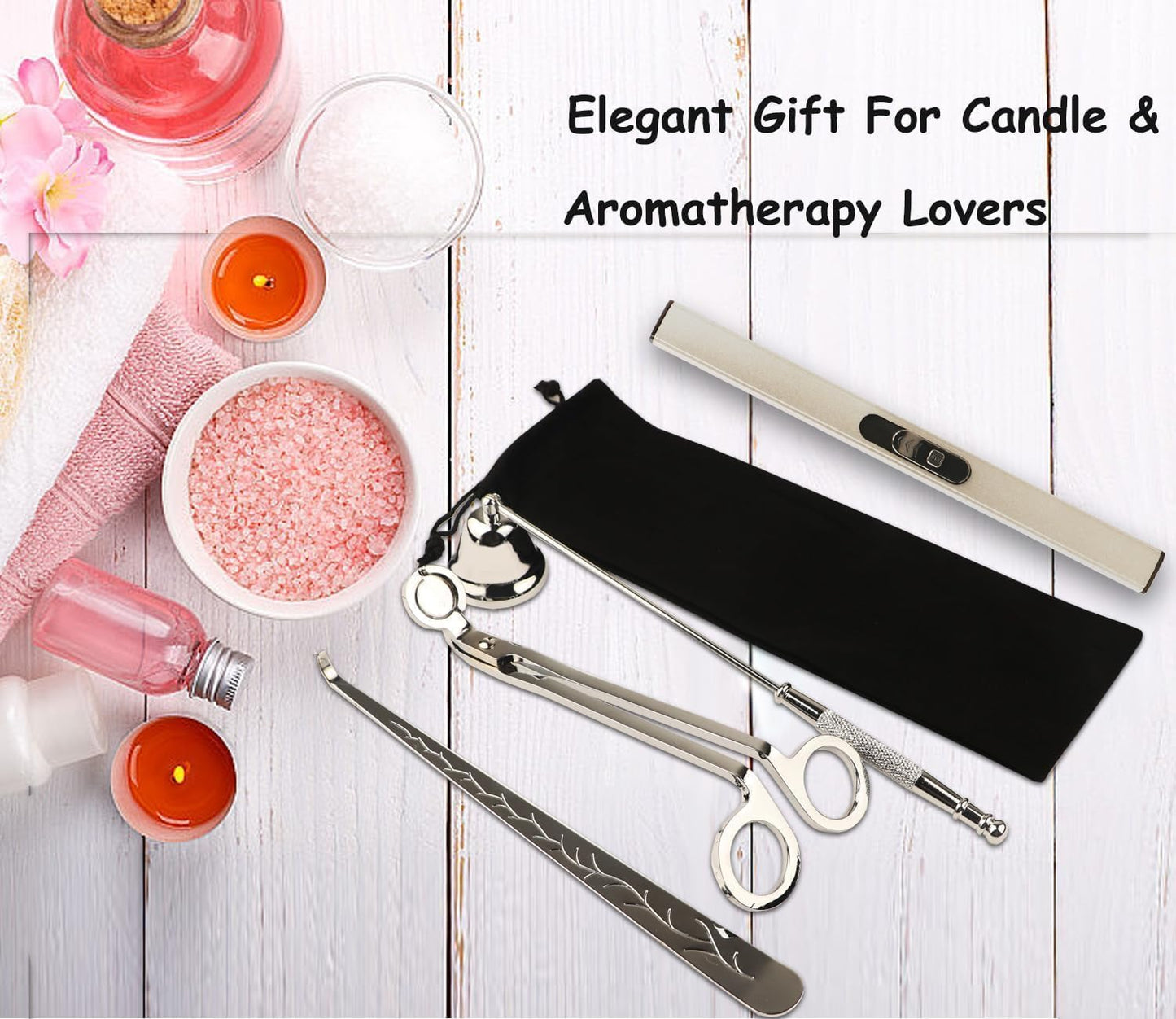 4IN1 Candle Accessory Set, Rechargeable LighterCandle Wick Trimmer Cutter, Candle Snuffer & Candle Wick Dipper for Candle Aromatherapy Lover Gift, Stainless Steel Candle Care Kit (Silver)