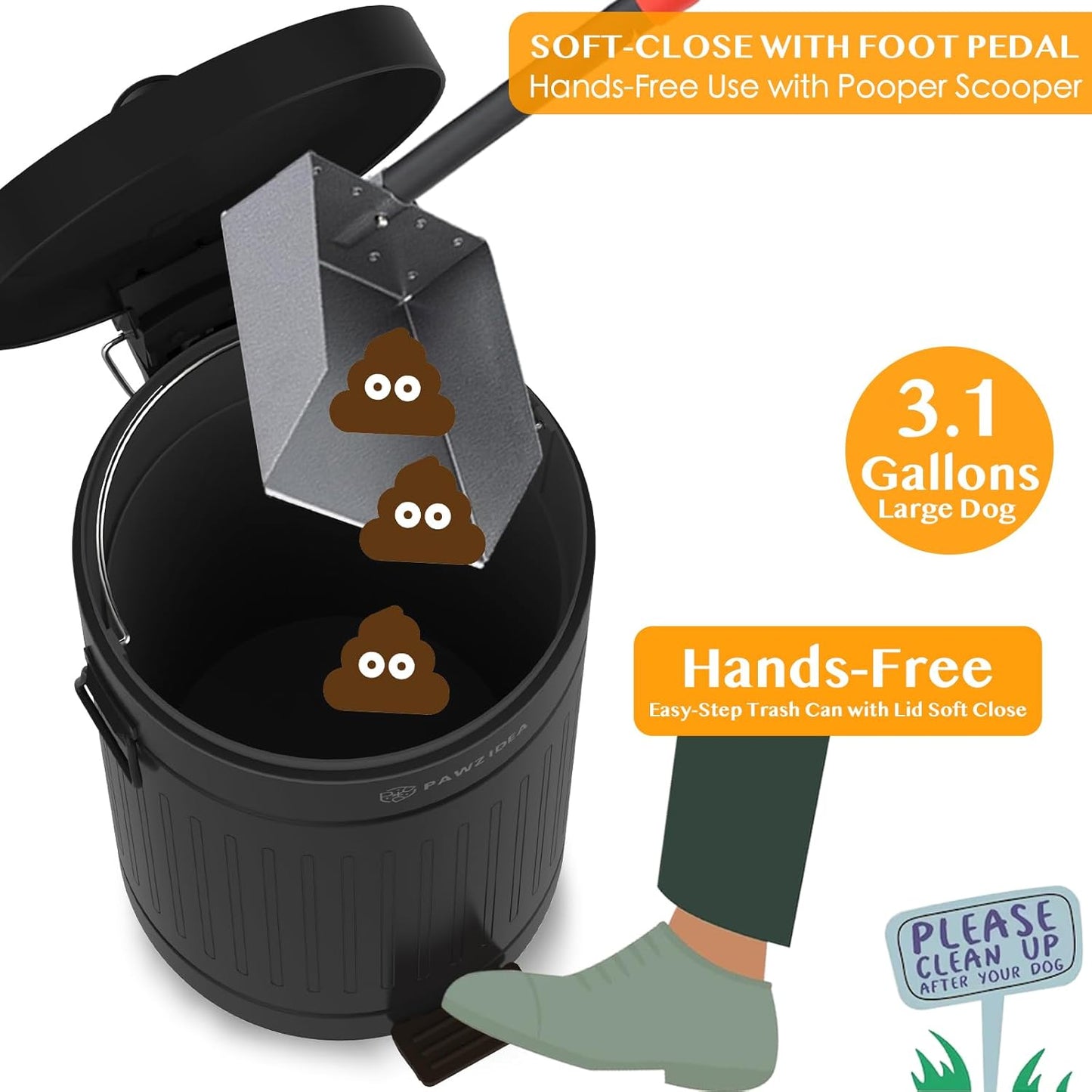 PAWZIDEA Dog Poop Trash Can Outside Odor Control, 3.1 Gallon Outdoor Trash Can with Lid, Waterproof Pet Waste Disposal Container, Small Poop Bin Step Garbage Can, 7.8in Activated Carbon Filter, Black