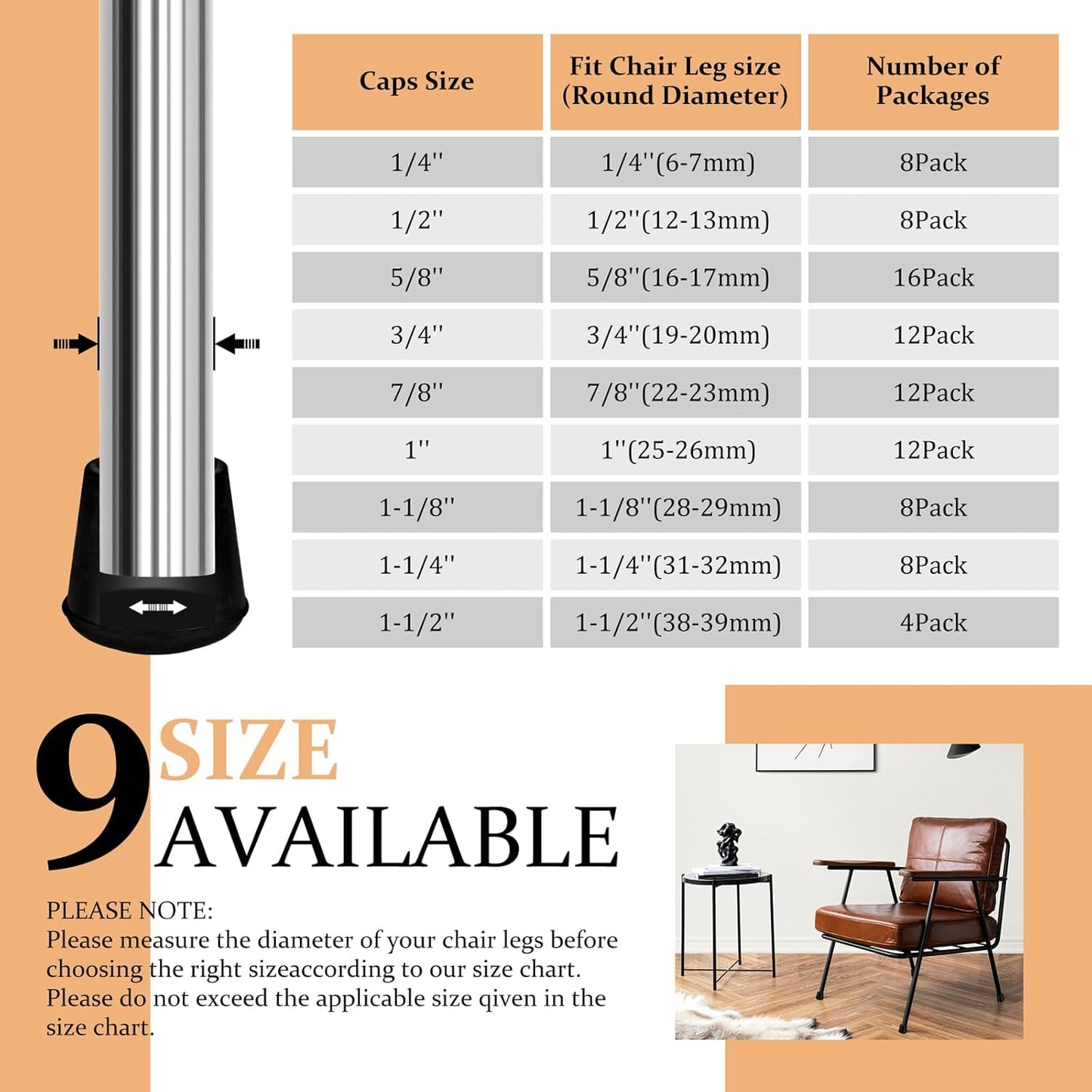 1" Round Rubber Chair Leg Tips Caps, Chair Leg Floor Protectors Furniture Legs Caps Non Slip Reduce Noise for Hardwood Floors (Black, 12 Pack)