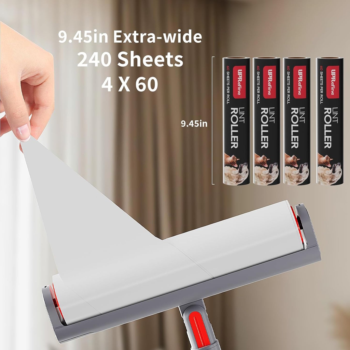 Large Lint Roller Refill 240 Sheets(4 Pack) Value Set, Extra Sticky, Easy Tear for Lint Remover, 9.45 in Pet Mega Extreme Stick Refill for Floor Roller Cleaning for Pet Hair