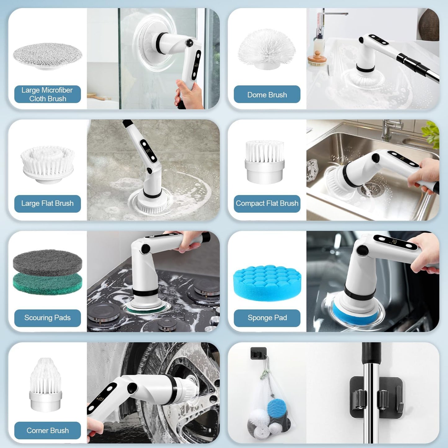 IEZFIX Electric Spin Scrubber, Bathroom Power Shower Scrubber Cleaning Brush for Tub/Tile/Floor/Toilet/Kitchen, 8 Cleaner Scrub Brush Heads, 3 Speeds 450RPM Max, Telescopic Rod Black