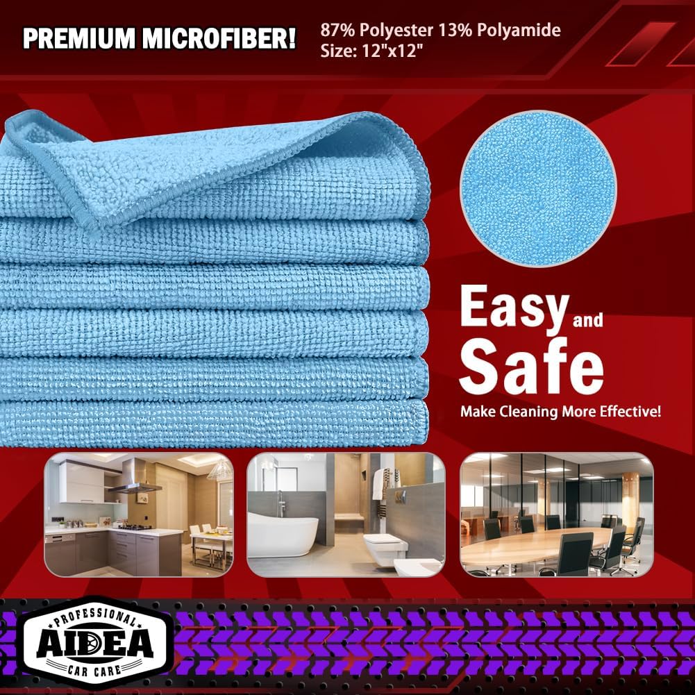 AIDEA Microfiber Cleaning Cloth, 50PK, Blue Shop Rags, Microfiber Towels for Cars, Dusting Cloth Lint Free Rags, Absorbent Towels for SUVs, House, Kitchen, Mechanic, Workshops, 12"×12"