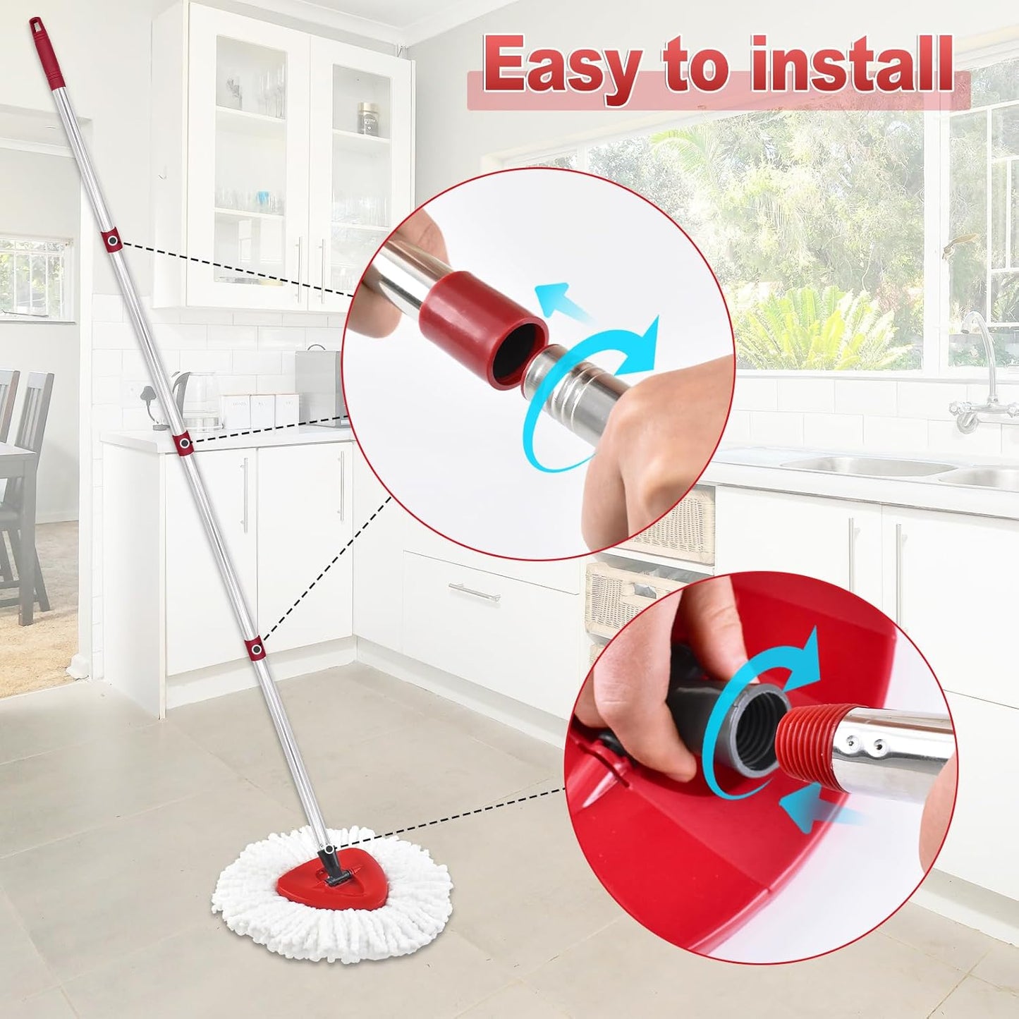 Mop Handle for Ocedar, Mop Handle for O Cedar, Spin Mop Replacement Handle for O Cedar, 4-Section Spin Mop Handles and Base for Ocedar, 30" to 58" Mop Stick Pole Handle and Base for Ocedar Spin Mop